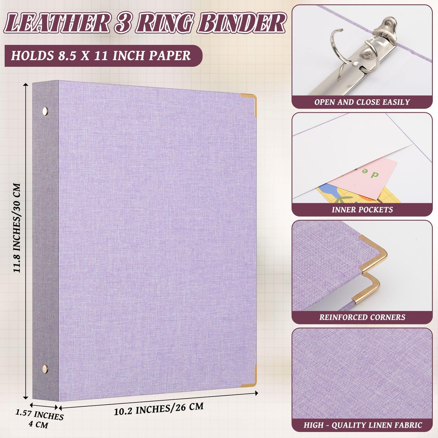 Fulmoon 6 Pcs Aesthetic 3 Ring Binders with Linen Cover 1 Inch Round Rings Binder with Inner Pocket 8.5" x 11" Binder Fits Letter Sized Durable for School Office and Home (Lavender)