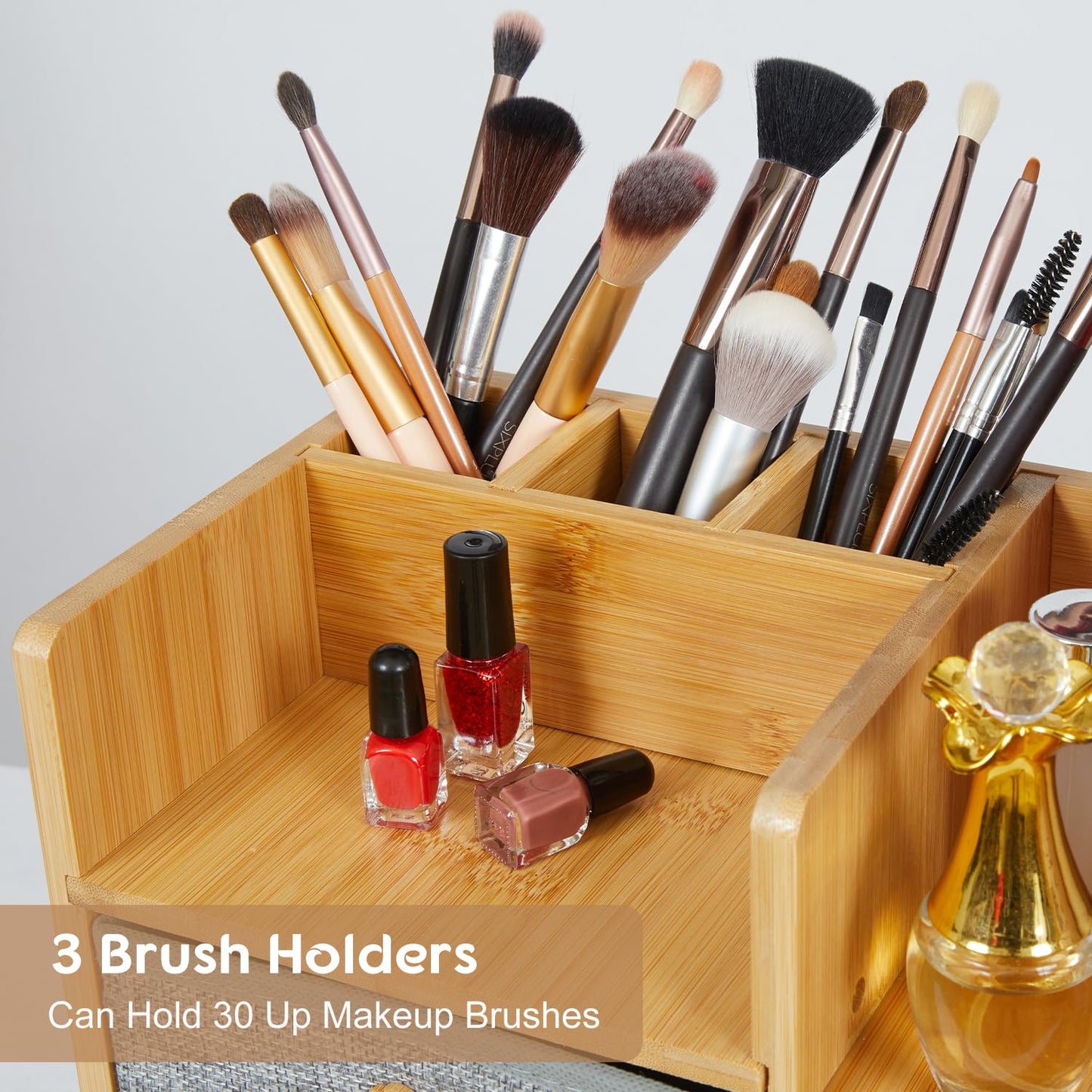 Makeup Organizer Countertop, Cosmetic Skincare Organizers With 3 Makeup Brush Holders/3 Drawers/7 Storage Shelves, Elegant Bamboo Make Up Storage Organizers Holder For Counter Vanity Dresser Bathroom