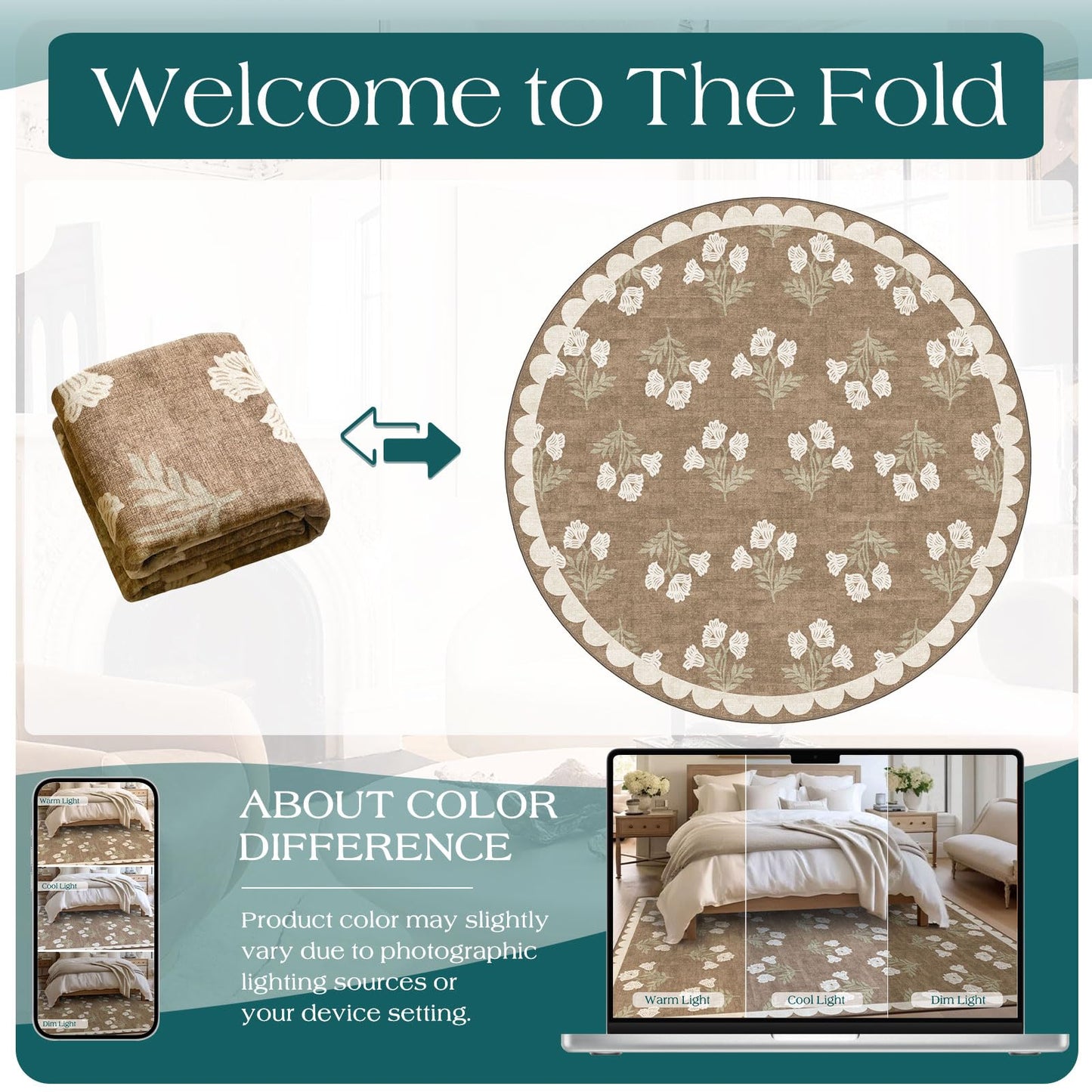 Othilic Tan Entryway Round Rug 4ft - Washable Boho Floral Neutral Farmhouse Scalloped Round Area Rug for Bedroom Non Slip Stain Resistant Circle Rugs for Living Room Kitchen Entryway Bathroom Nursery