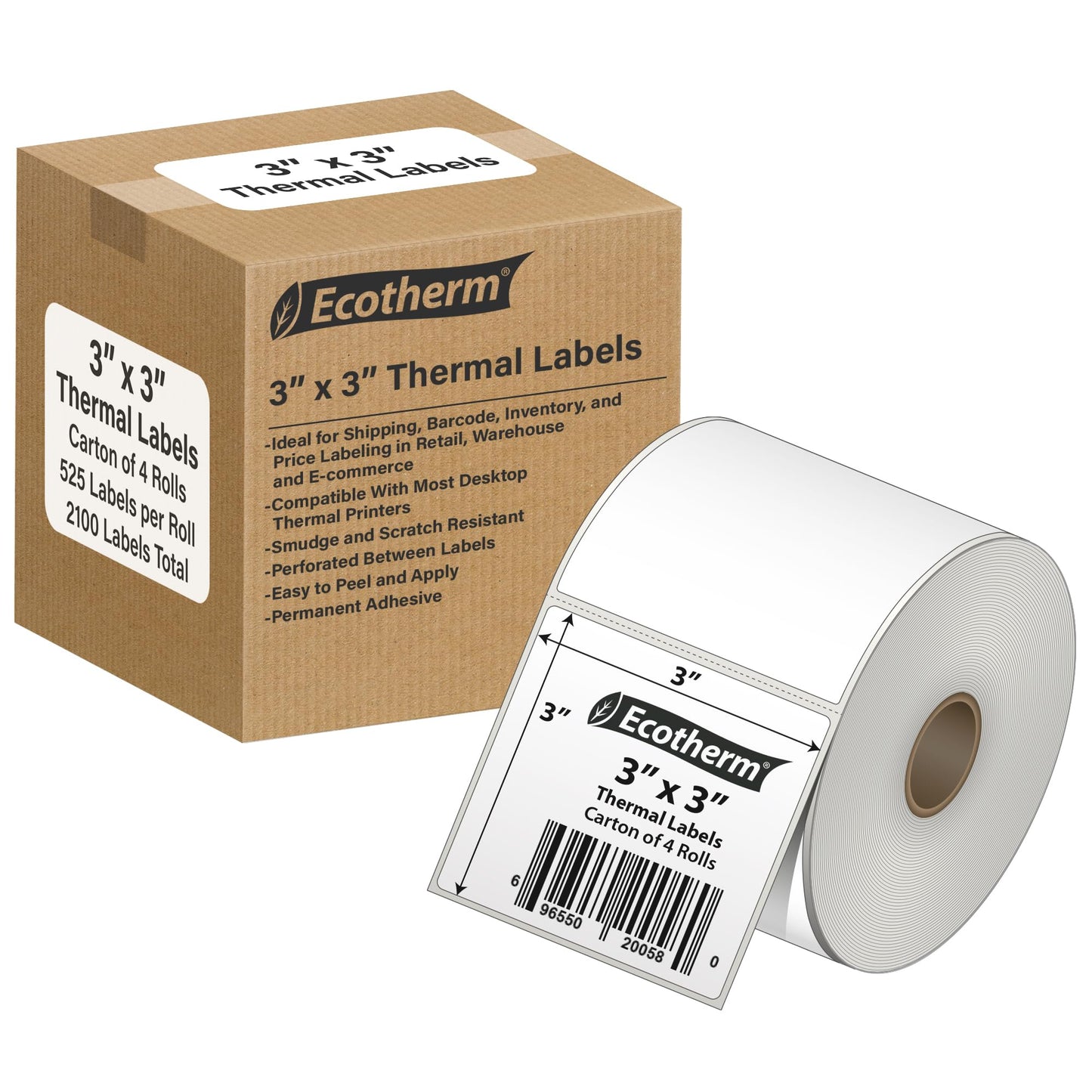 3" x 3" Thermal Labels | 4 Rolls | 2100 Labels | fits Zebra, Munbyn, Rollo, Godex, Arkscan, iDPRT, Offnova Thermal Label Printers and More | Blank White Adhesive Stickers by Ecotherm