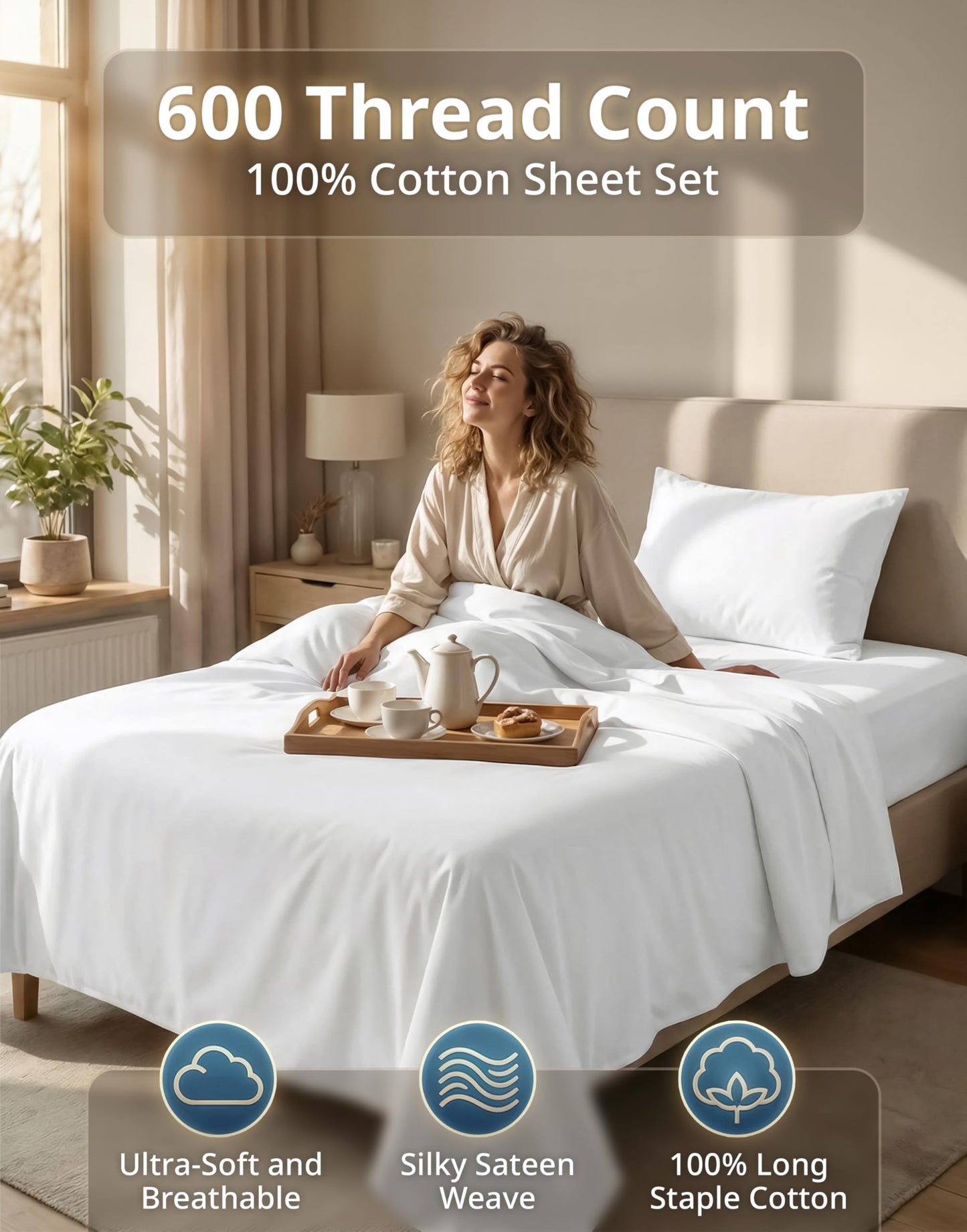 LANE LINEN Twin Sheets Set - 600 Thread Count Premium Sateen Weave for Gentle Feel On Your Skin - 100% Cotton Sheet Set for Hotel Quality Softness - Fits Mattresses Upto 15'' Deep - White
