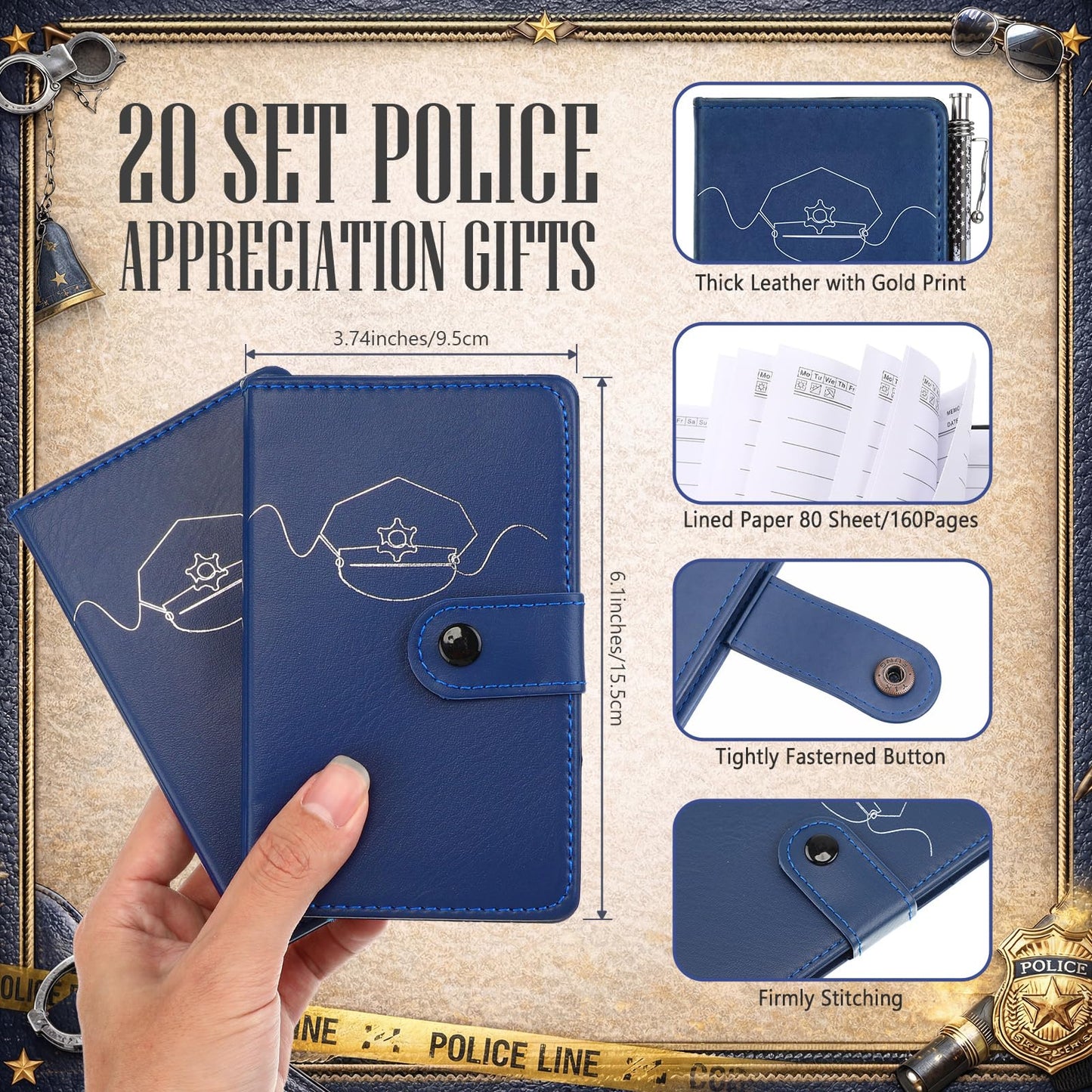 Ctosree 20 Sets Police Gifts Pocket Leather Notebooks with Handcuff Pens for Police Academy Graduation Gifts Appreciation Week Law Enforcement Officer Supplies Accessories