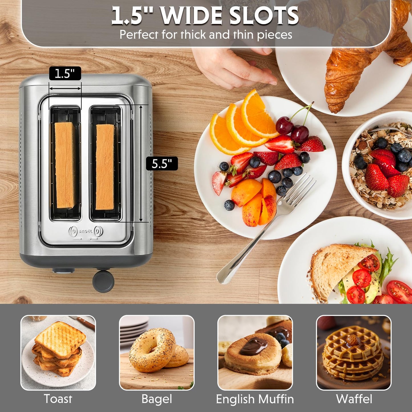 BUYDEEM DT620 2-Slice Toaster, 7 Shade Settings, Extra Wide 1.5'' Slots for Bagel & English Muffin, 6 Toasting Functions, Retro Stainless Steel Toaster with High Lift Lever, Silver
