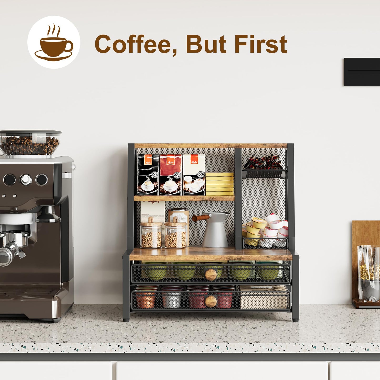 TQVAI Coffee Bar Organizer, Maximize Small Countertop Space, 70 Standard Capsules Capacity with Sliding Pods Drawer, 4-Tier Coffee Station Organizer for Home Kitchen Office Commercial