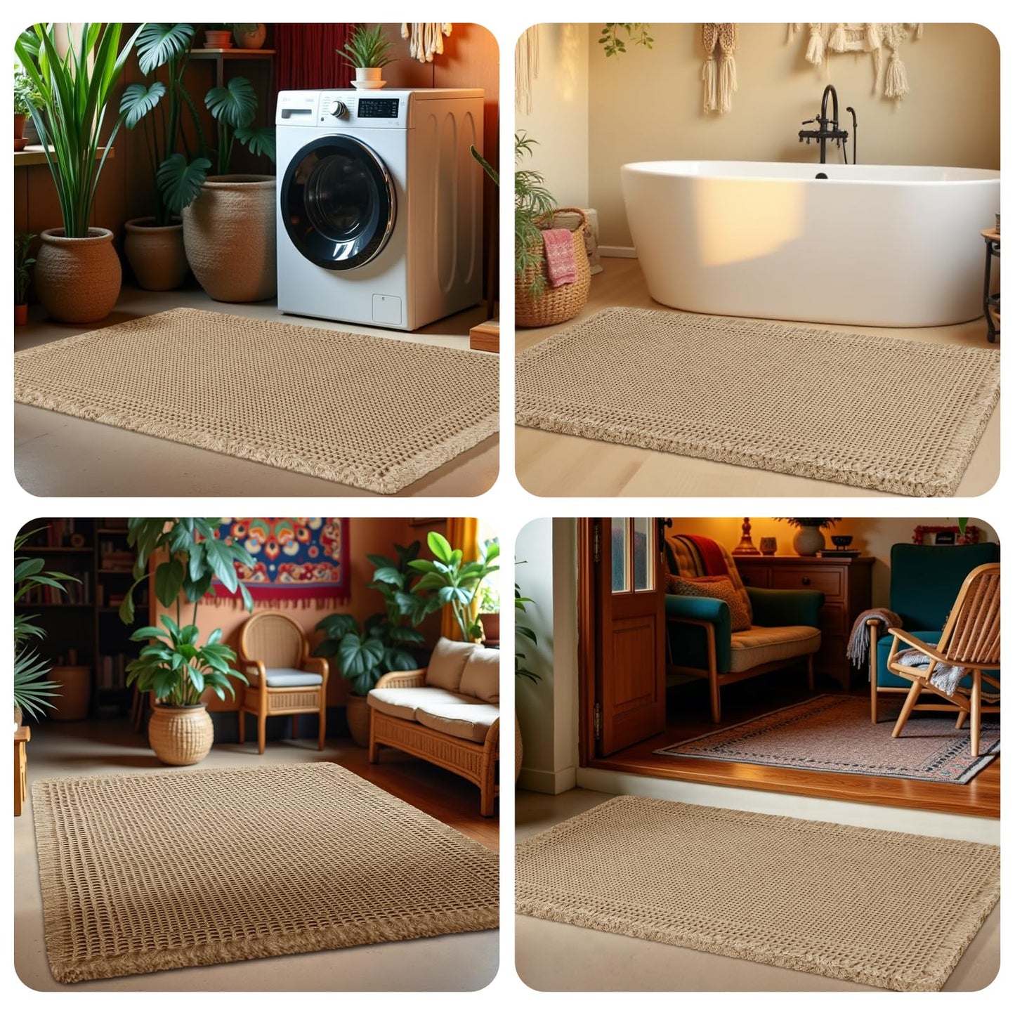 Upgrade Waffle Bath Mat Set 3 Piece, Boho Bathroom Rugs Absorbent Non Slip, Ultra Soft Bathroom Mat, Machine Washable Knit Bath Rugs with Tassels for Bathroom, Bedroom, Kitchen, Shower, Tub, Beige