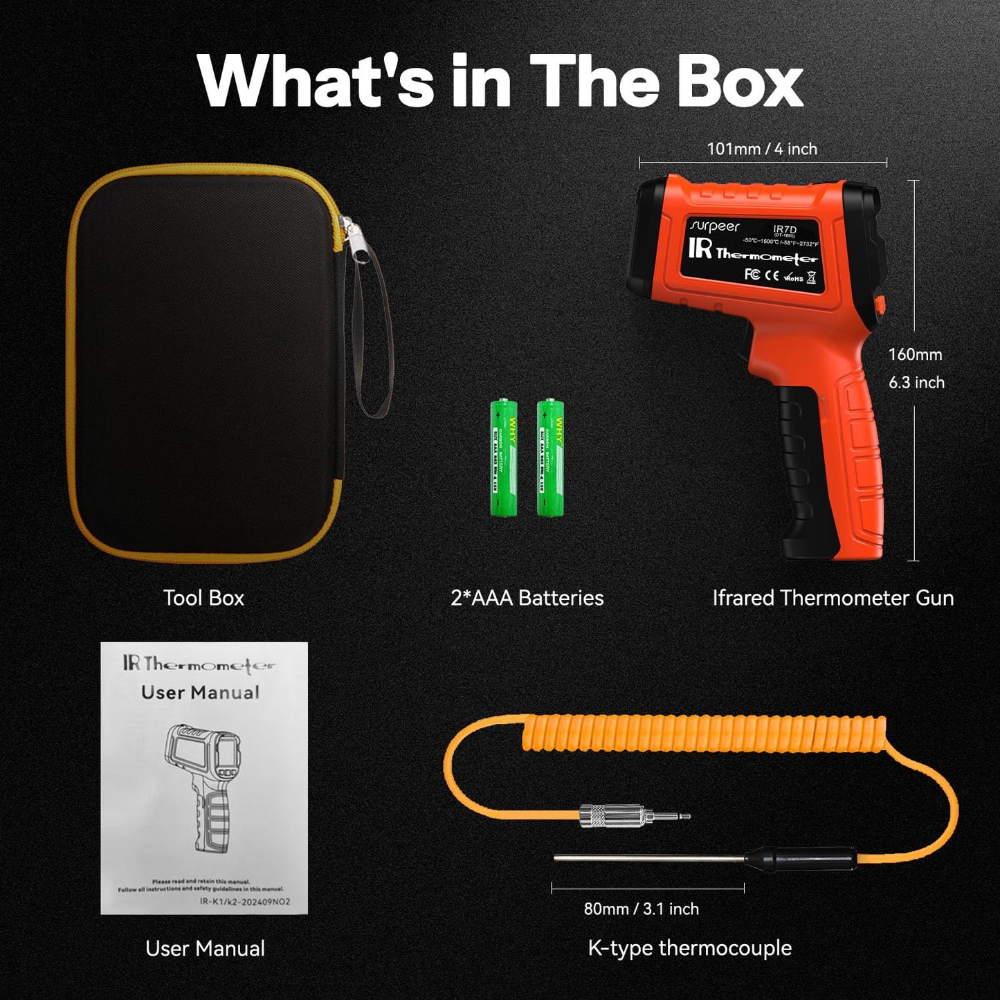 -58°F to 2732°F Infrared Thermometer Temperature Gun with Thermocouple Probe, 50:1 Laser Temperature Gun for Humidity Measurement, BBQ, AC, High Temp Gun for Engine, Kiln, Forging, Industrial Use