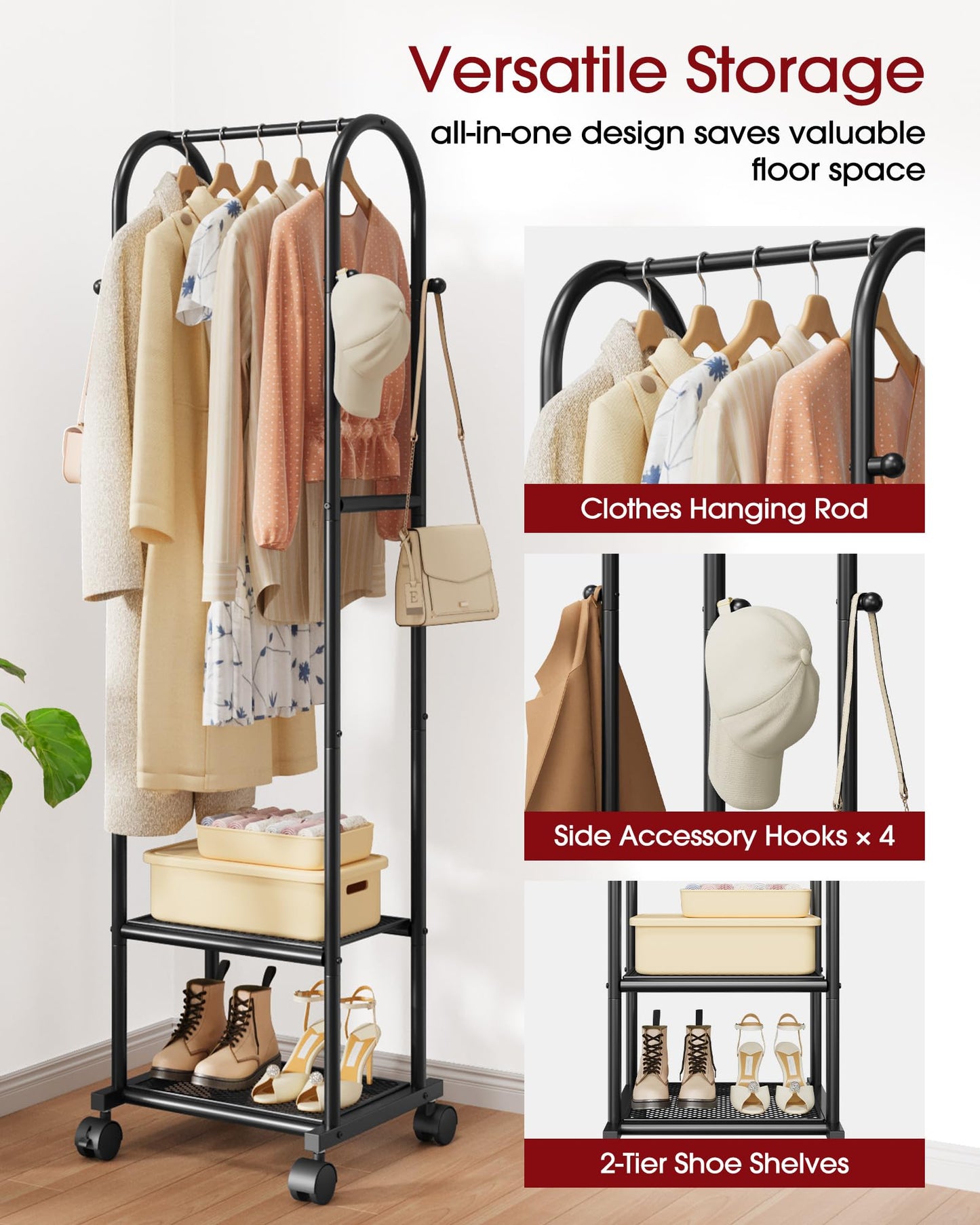 Sakugi Heavy Duty Premium Clothes Rack with 2-Tier Mesh Shoe Shelves & 4 Hooks, Lockable Wheels, Space-Saving, Multi-Functional for Bedroom, Entryway, Closet, Modern Design, 18.4" x 12.6" x 72", Black