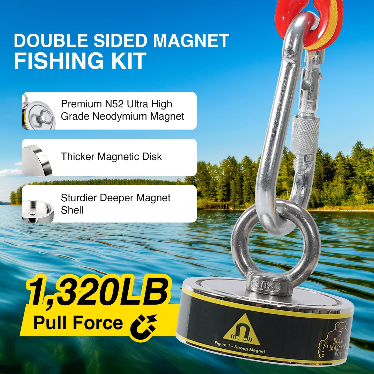 1320LB’s Complete Magnet Fishing Kit | Double Sided Fishing Magnet Kit with Case | Includes Strong Neodymium N52 Magnets, Durable 65ft Rope, Carabiner, Gloves, Grappling Hook & Carry Case