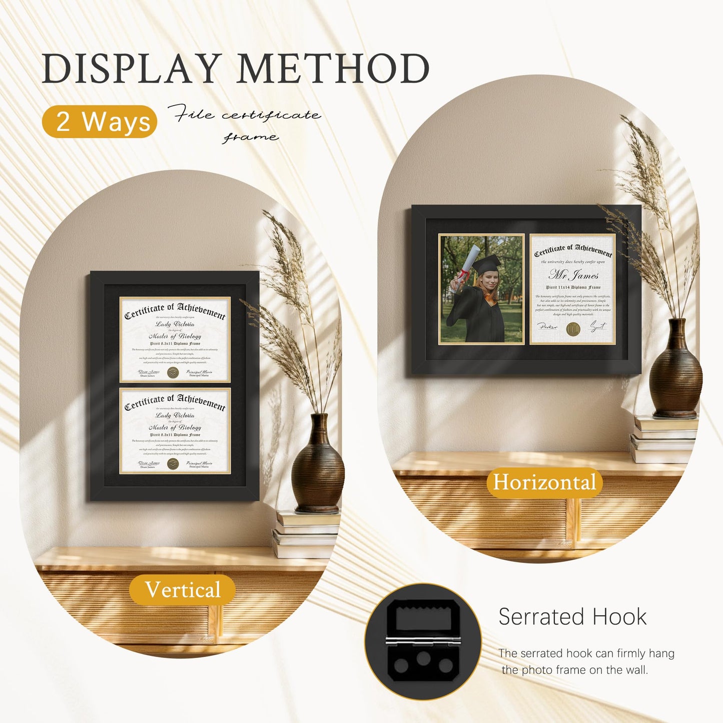 Picrit Double 8.5x11 Black Wood Diploma/Document Frame with Tempered Glass & Black over Gold Mat, and Display 14x20 Degree Certificate Frame without Mat for Wall, 1 pack