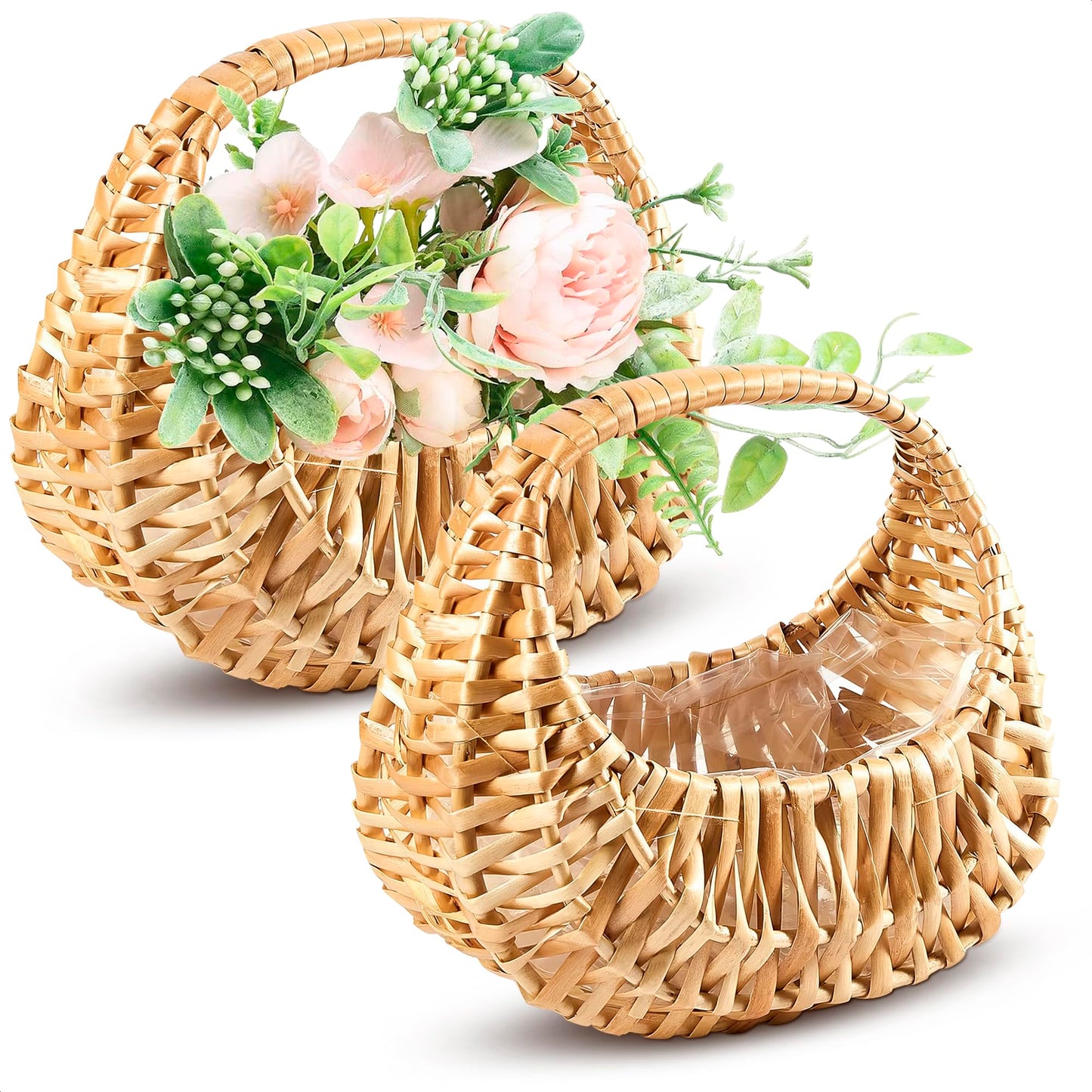Flower Girl Basket Set of 2 - Charming Rattan with Waterproof Lining, 6.3 x 5.12 x 3.75 Inch - Small Wicker Basket with Handle for Wedding Flower Petals, Confetti, Candy, Gift, Storage & Home Decor