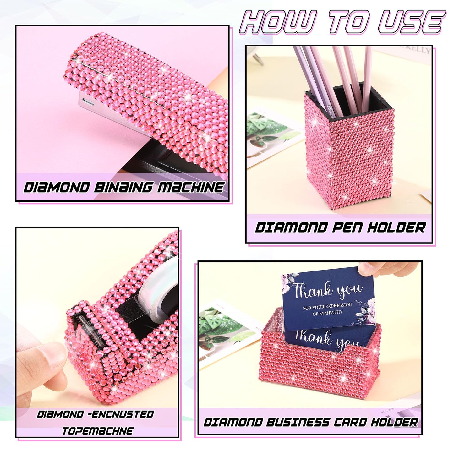 Demissle Pink 7 Pieces Bling Desk Accessories Set Glitter Crystal Office Stationery Kit for Women Diamond Tape Dispenser Rhinestone Stapler Cardholder Pencil Pot Holder Scissor Ballpoint Knife