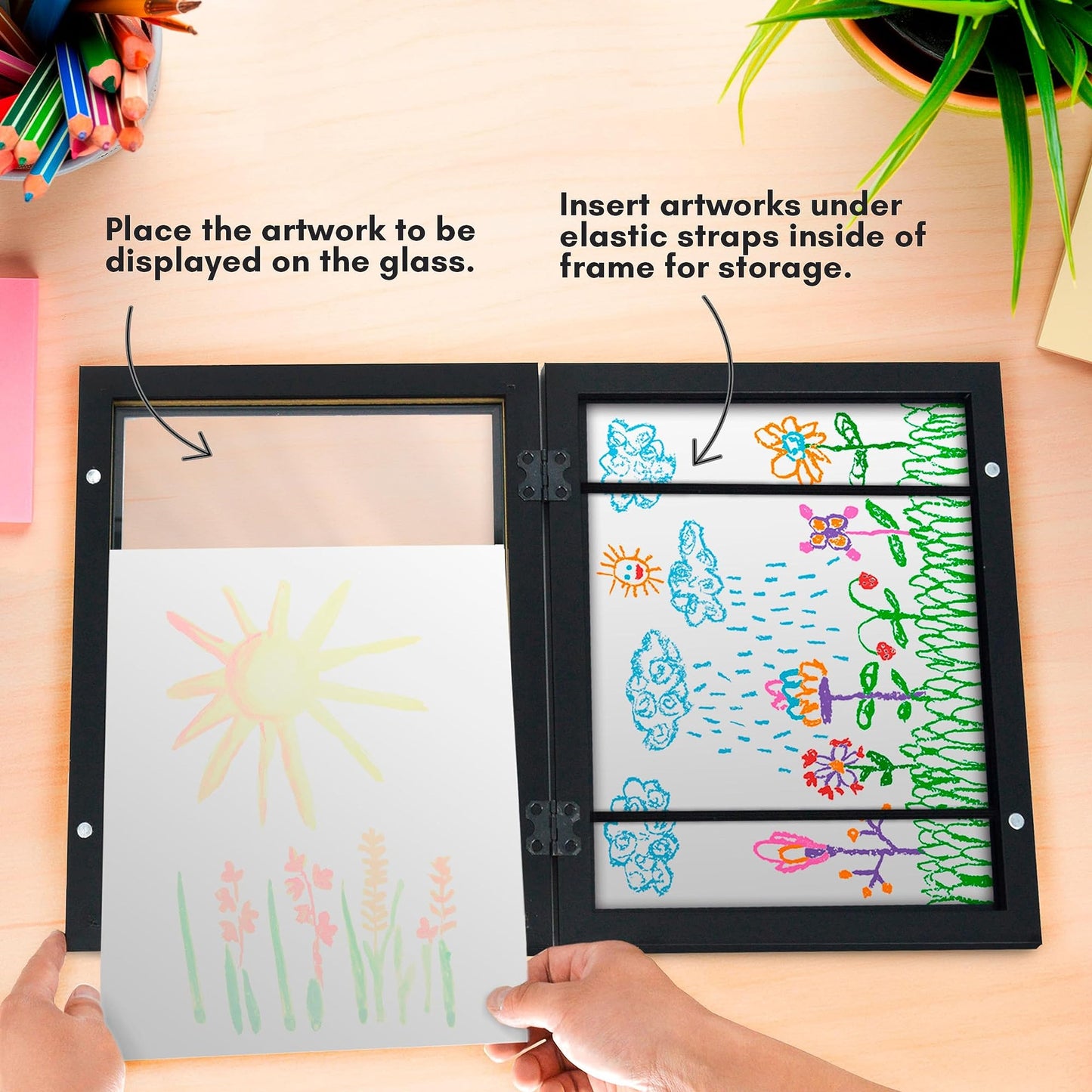Americanflat 10x12.5 Kids Art Frame - Front Loading Picture Frames Hold 100 Artworks - Use as 8.5x11 Picture Frame with Mat - My Mini Masterpiece - Hanging Hardware and Built-in Easel Included - Black
