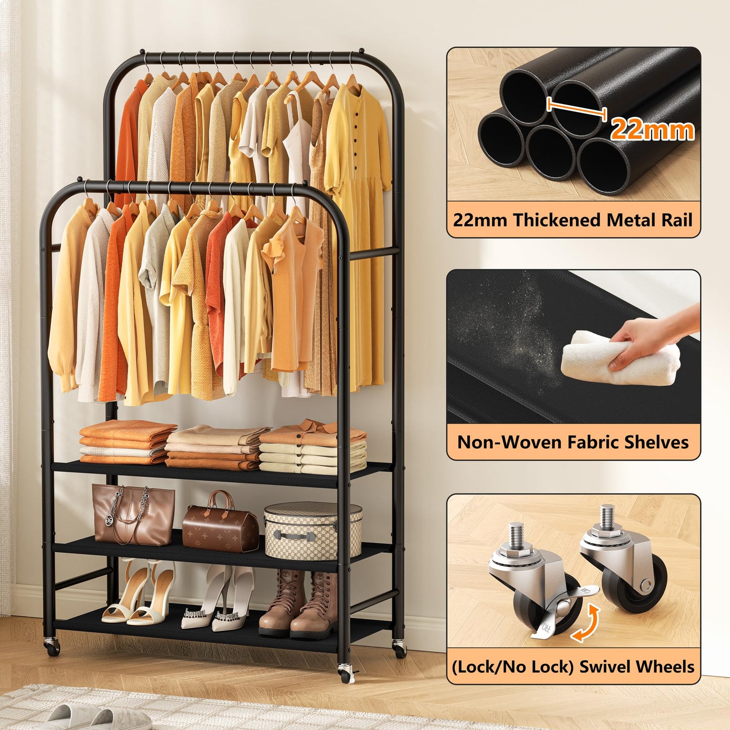 HOMIDEC Double Rods Clothes Rack Clothing Rack with 3 Tier Storage Shelves Clothes Rack for Hanging Clothes Multifunctional Clothes Organizer Bedroom,Wardrobe Closet,Shop,Black