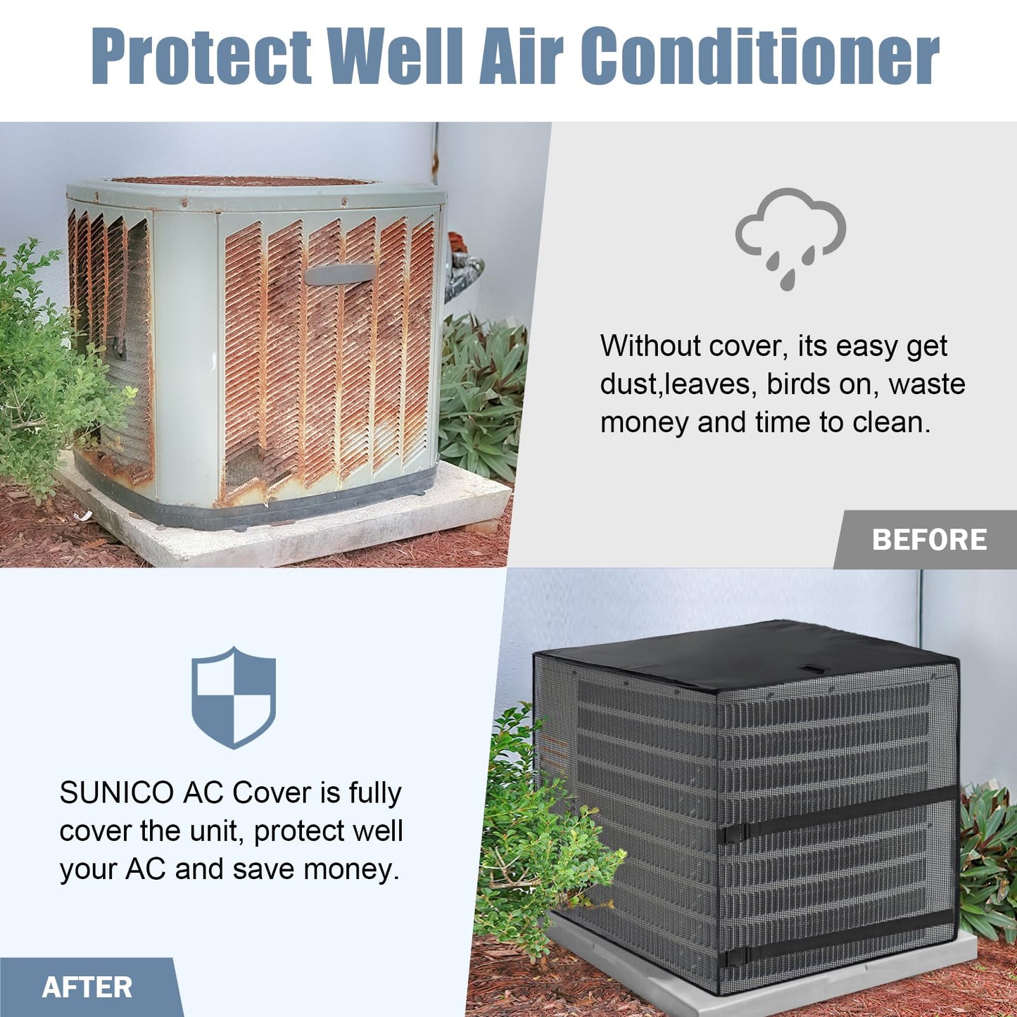 Air Conditioner Covers for Outside, Breathable Full Mesh With Waterproof Top Air Conditioner Cover for All Seasons, AC Unit Cover Protect from Cotttonwood Fluff, Leaves, Debris, 30x30x32 Inch-Black