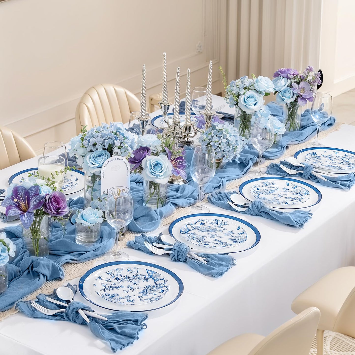 EI 60pcs Blue and White Floral Plastic Plates Fancy Blue Floral Disposable Heavy Duty,10.25inch Dinner Plate and 7.5inch Dessert Plate,Disposable Nice Plastic Plates for Party,Wedding(Value,Elegant)