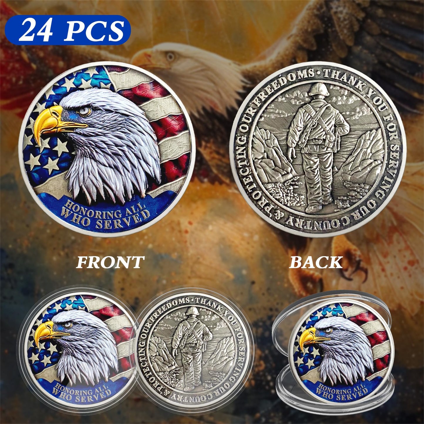ASmileIndeep Military Challenge Coins - 24 Pcs Veteran Challenge Coin Thank You for Your Service Military Coins Veteran Bulk Military Appreciation Coin Veterans Day Gifts