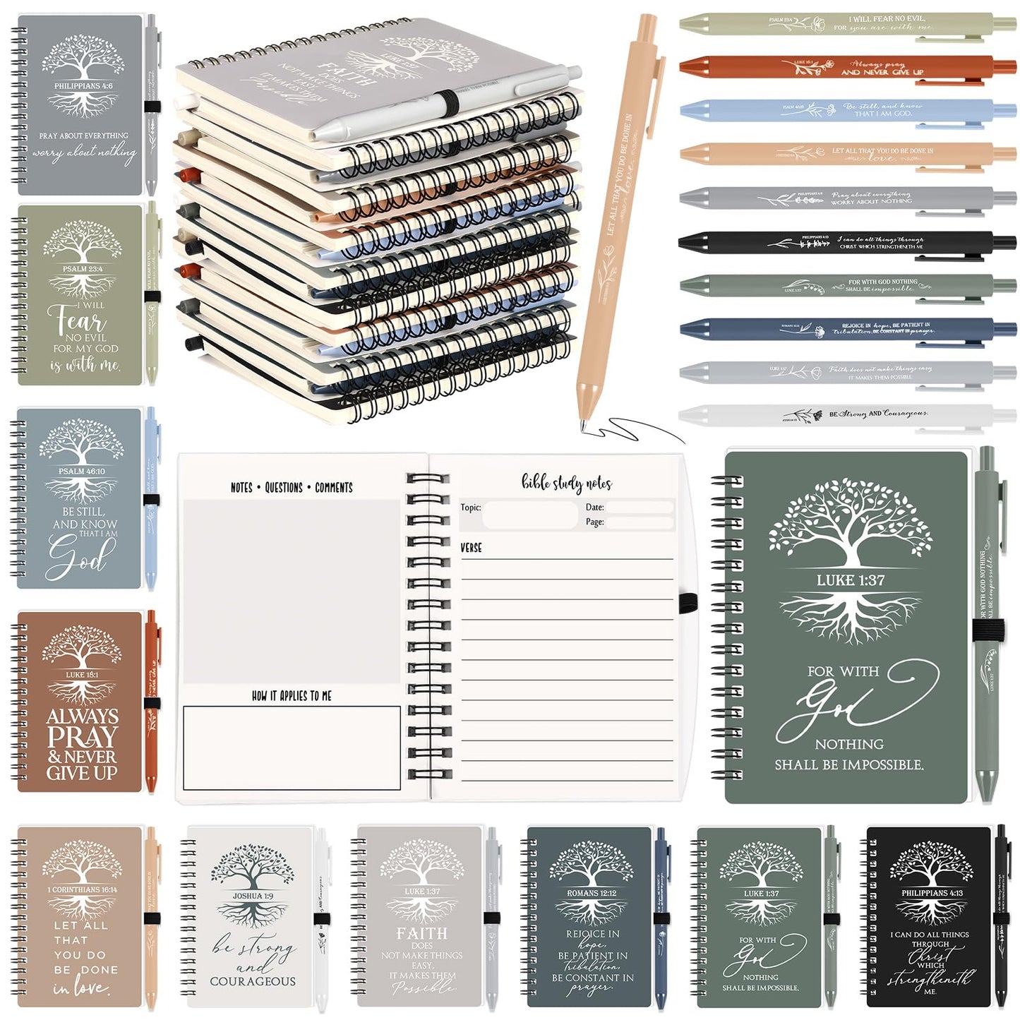 Kosiz 80 Pcs Fathers Day Christian Gifts Bulk Prayer Journal Bible Verse Religious Spiral Notebook with Pen Tree of Life Scripture Notepad Church Gifts for Women Men Bible Study Group (Boho Color)