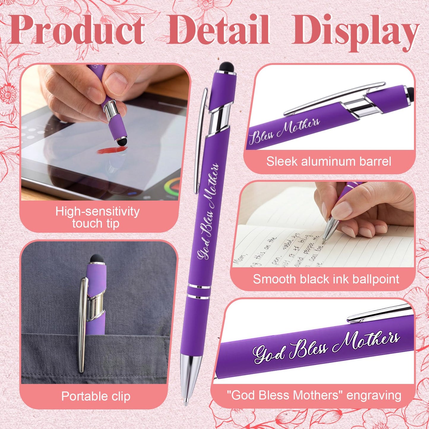 Qeeenar 72 Sets God Bless Mothers Gift Christian Church Gifts Ballpoint Pens Cards with Stylus and Metallic Twist Ties Bulk for Women Christmas Happy Mother's Day Religious Faith Scripture