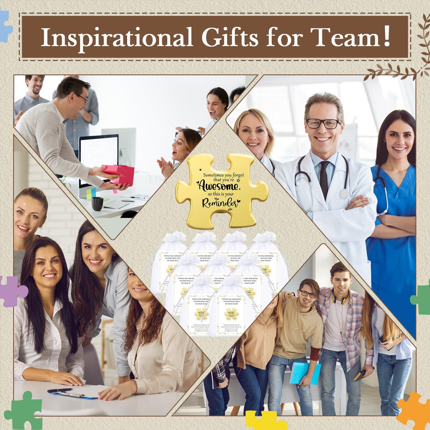 Solsew 72 Sets Employee Appreciation Gifts Bulk Puzzle Piece Lapel Pin Thank You Card and Organza Bag Building Recognition Soccer Baseball Team Gift for Employee Office Staff Coworker (Awesome)