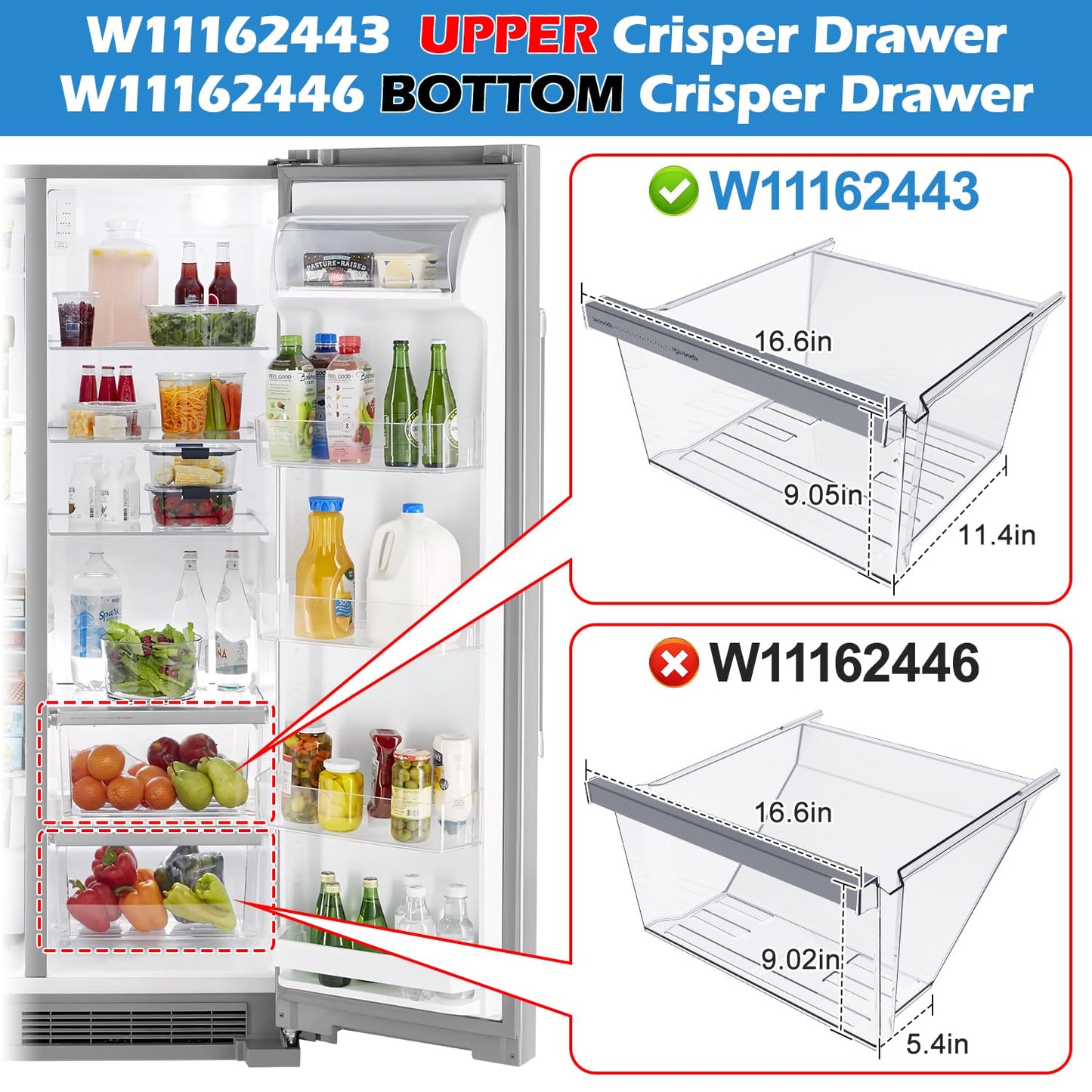 UPGRADED W11162443 Refrigerator Crisper Drawer For Whirlpool Crisper Drawer Replacement WRS325SDHZ WRS315SDHZ WRS315SDHM,Maytag Whirlpool WRS315SDHZ02 WRS315SDHZ05 WRS315SDHZ08 Fridge Drawer Parts