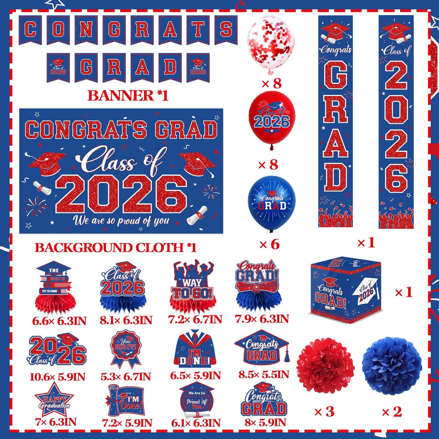 Graduation Decorations 2026 Congrats Grad Banner Kit with Class of 2026 Backdrop Porch Sign Hanging Swirls Honeycomb Centerpieces Balloons Box for Grad Party Decorations (Navy Blue-Red)