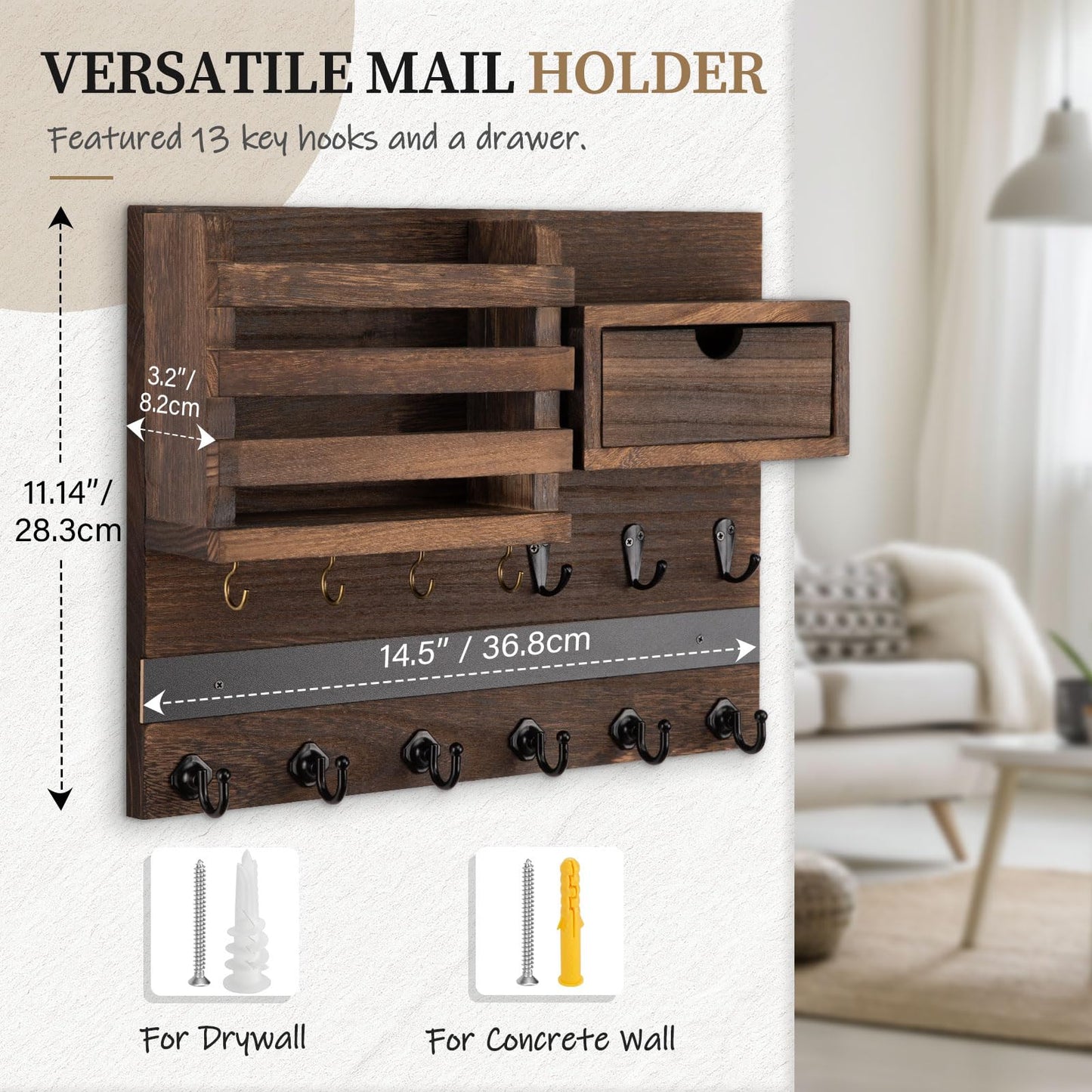 Nekon Key Holder Wall Mount, Rustic Mail and Keys Shelf for Wall Organization with 13 Hooks, Home Decor Accessory with Drawer, Brown