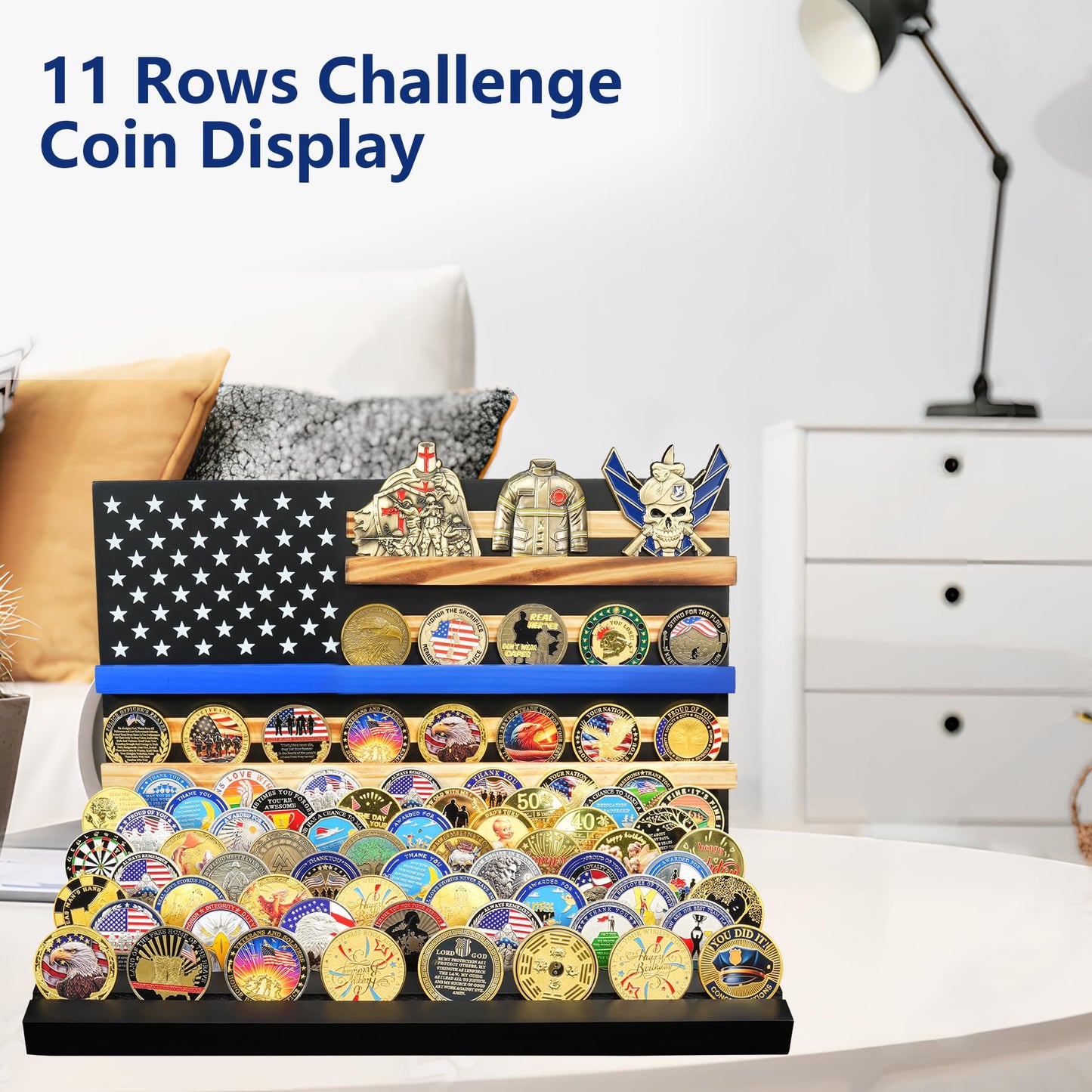 YUN RUI 11 Rows Challenge Coin Display, Removable Military Coin Holder Display with American Flag, Wooden Coin Display Case Rack Holds 95-106 Coins,Black