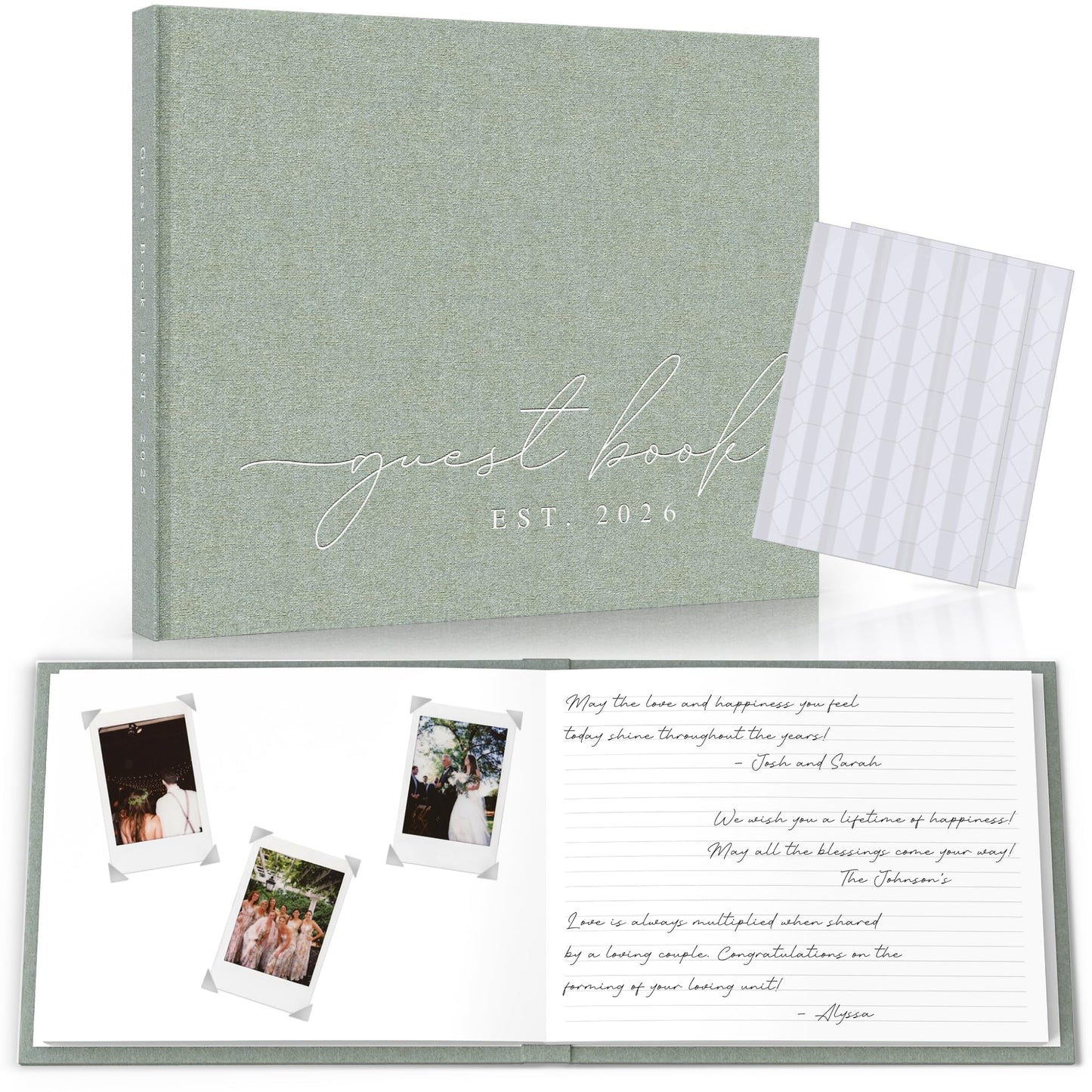 Wedding Guest Book With Personalized 2026 Year - Linen Photo Guestbook to Sign at Reception Party - Includes Clear Photo Corners Self Adhesive - 100 Pages Blank and Lined Thick Paper Guest Books