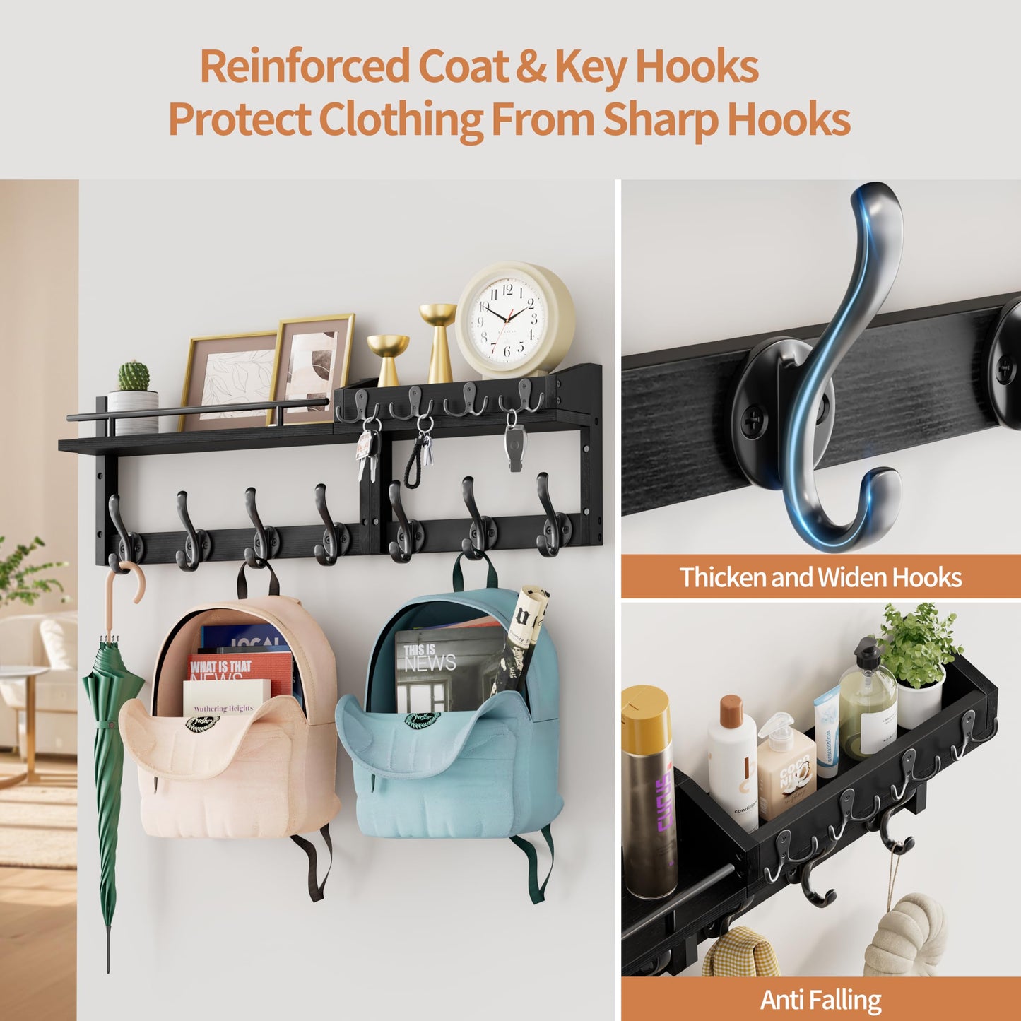Segtenant 29 inch Coat Rack Wall Mount with Shelf, Heavy Duty Coat Hooks Wall Mount, Entryway Coat Hanger Wall Shelf with Key Holders and Mail Organizer for Living Room, Bedroom, Bathroom, Black