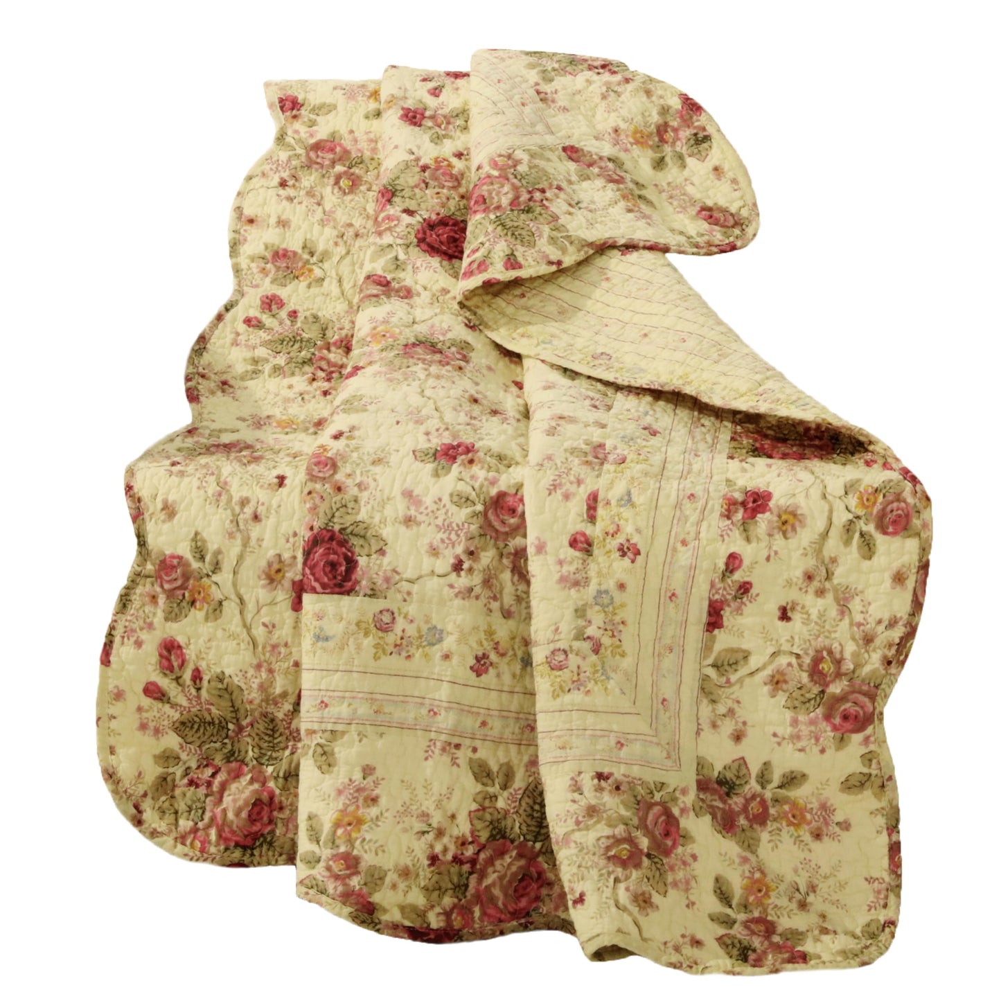 Greenland Home Fashions Antique Rose - Classic Traditional Floral - 100% Cotton Quilted Throw Blanket, 50 x 60 inches, Ecru