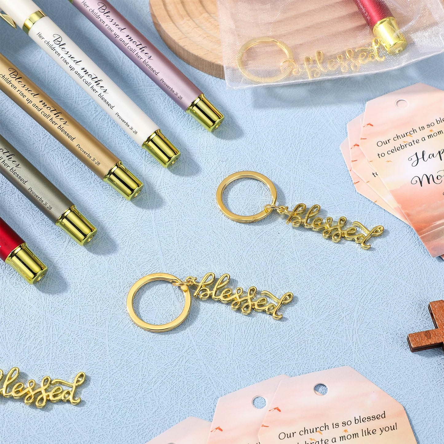 Spakon 50 Sets Church Gift Bulk for Mothers Day Blessed Bible Verse Ballpoint Pens Keychain Christian Cross Happy Mother's Day Tag