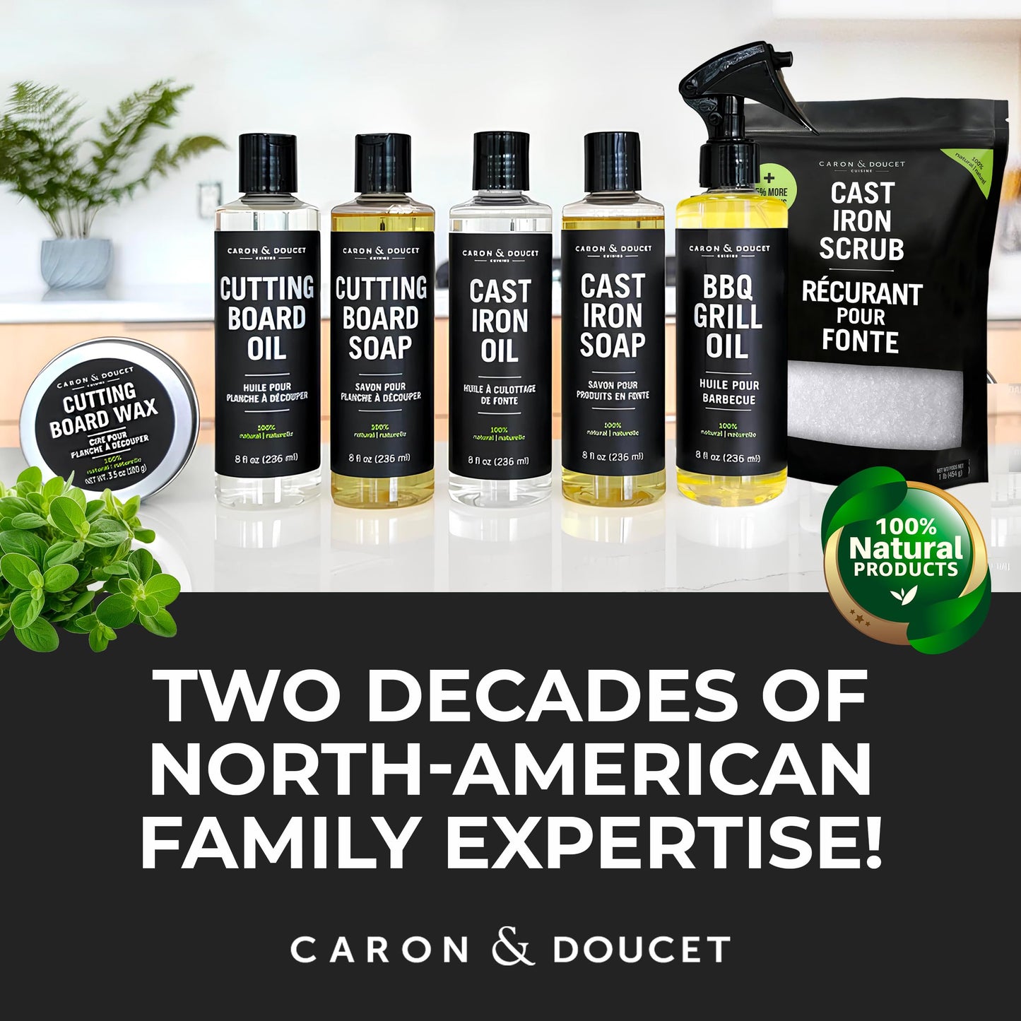 CARON & DOUCET – Ultimate Cast Iron Set PLUS: Seasoning Oil, Cleaning Soap & Restoring Scrub | 100% Plant-Based & Best for Cleaning Care, Washing, Restoring & Seasoning Skillets, Pans & Grills!