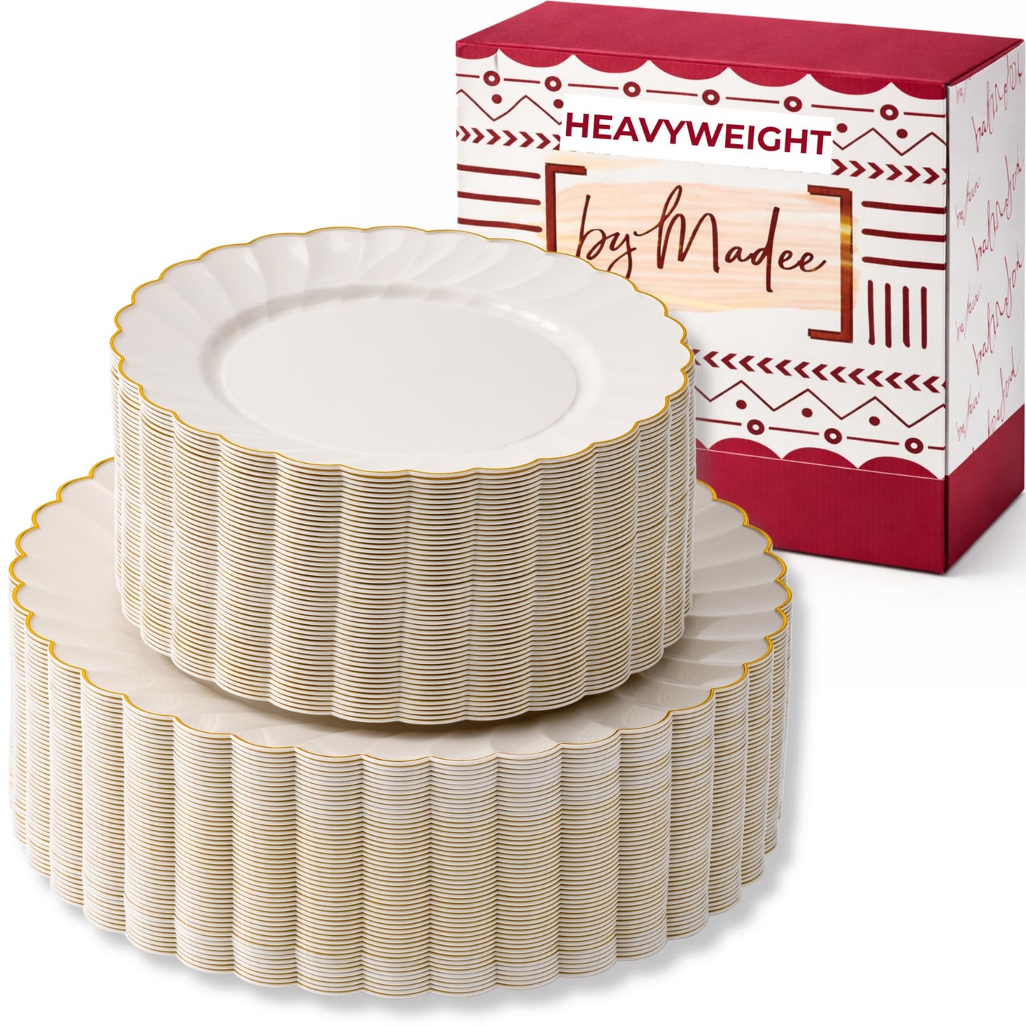 By Madee HEAVYWEIGHT 100 Pc Scalloped Ivory Gold Plastic Plates for Party | 50 Dinner & 50 Dessert Plates Disposable Heavy Duty | Elegant & Fancy for Wedding, Baby Shower, Bridal Shower 50 Guests