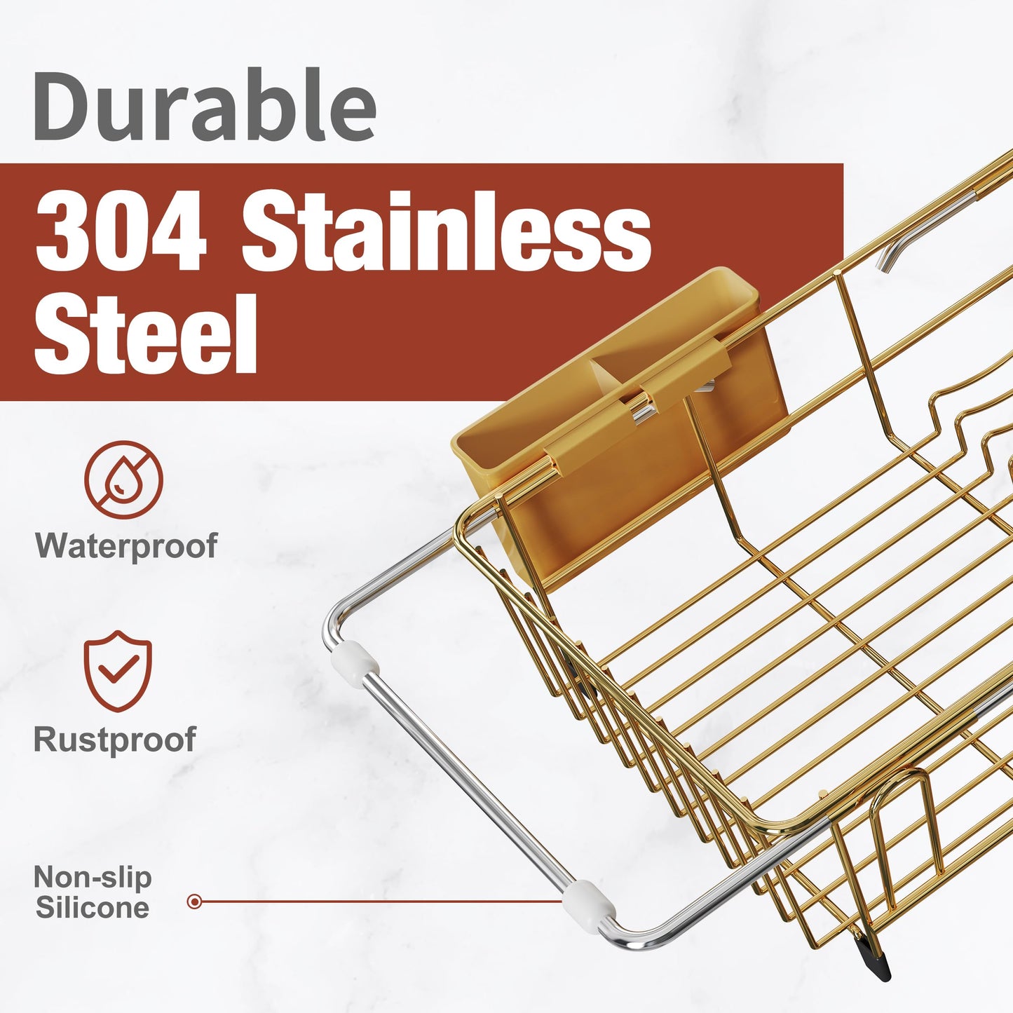 JASIWAY Gold in Sink Dish Drying Rack, Expandable Stainless Steel Small Dish Rack Over Kitchen Sink, Plate Drainer Strainer with Utensil Holder & Cup Holders, Counter Space Saving Wire Dryer Rack