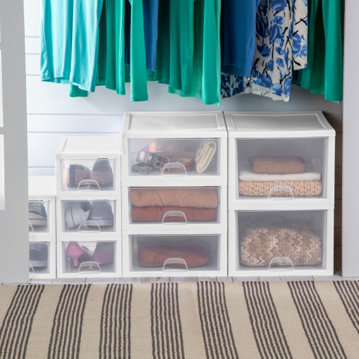 Sterilite 4-Pack Stacking Drawer, Clear Storage Organizer Containers, 27 Quart, White Frame - Stackable and Modular Plastic Drawers for Shoes, Clothes, Accessories, Supplies, Bedding, and Linens