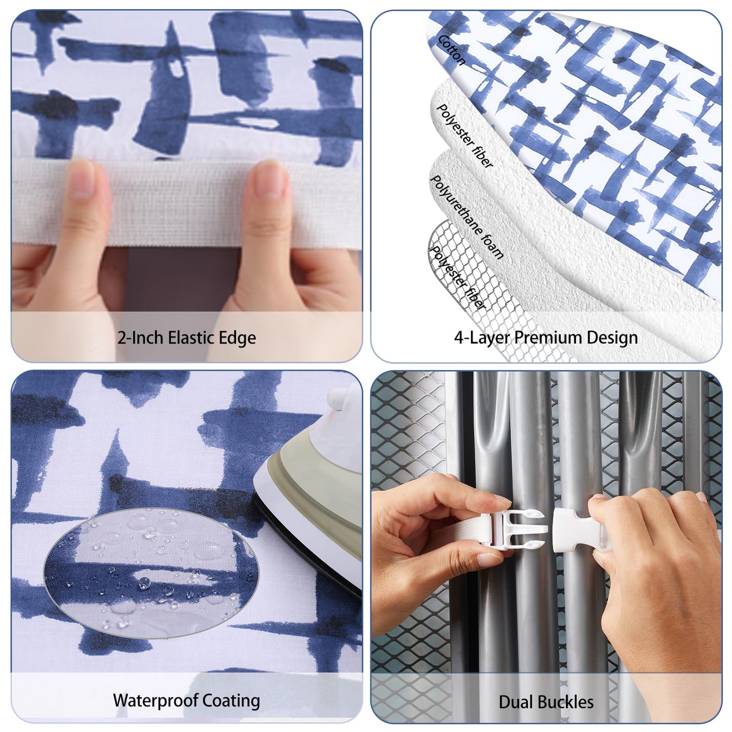Ironing Board Cover and pad - 15 x 54 Thick Padding 4 Layers with 2" Elastic, Stain Resistant & Durable Scorch, 2 Buckles for Easy Installation in Laundry Room, Blue Brushstrokes (NO Board)