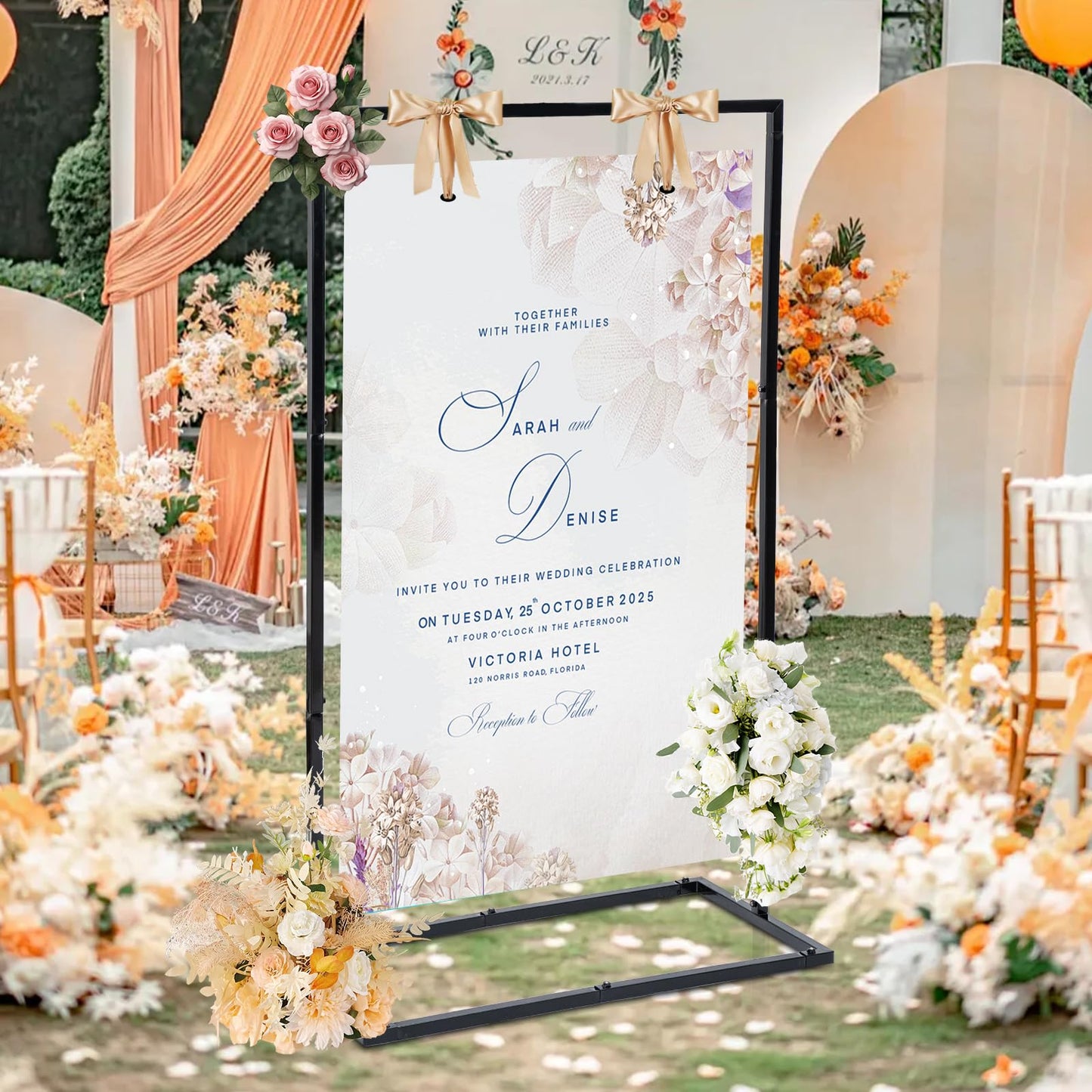 WEIDLUDOR Elegant Wedding Sign Stand & Holder，Black Heavy Duty Metal Wedding Welcome Sign Stand for Reception，Welcome to Our Wedding Hanging Sign Stand - Perfect for Seating Chart, Posters, and Decor