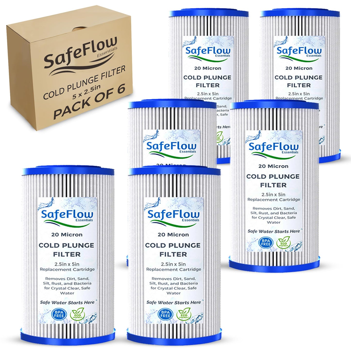 SafeFlow Essentials 5" x 2.5" Cold Plunge Filter 20 Micron – Fits The Pod Ice Cold Plunge Water Chiller, Cold Plunge Filters, and Under Kitchen Sink Systems (6)