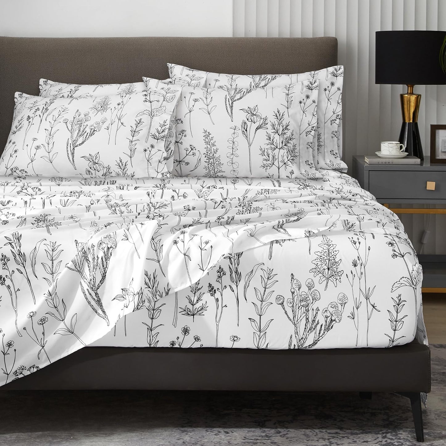 HYPREST 6 Piece King Size Sheets Set, Floral Sheets White and Black Patterned Sheets Deep Pocket up to 18 inches