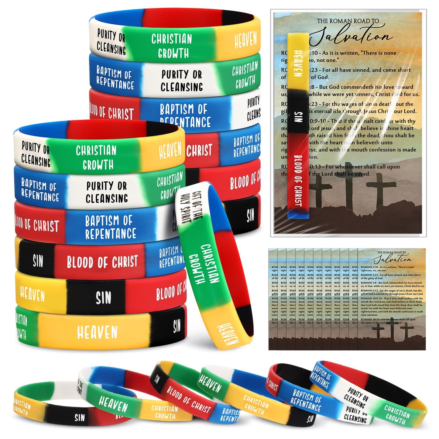 Gemscream 200 Sets Father's Day Plan of Salvation Bracelets with Plan of Salvation Card Gospel Bracelet Christian Silicone Bracelets Gospel Tracts Scripture Gift for Men Father Church