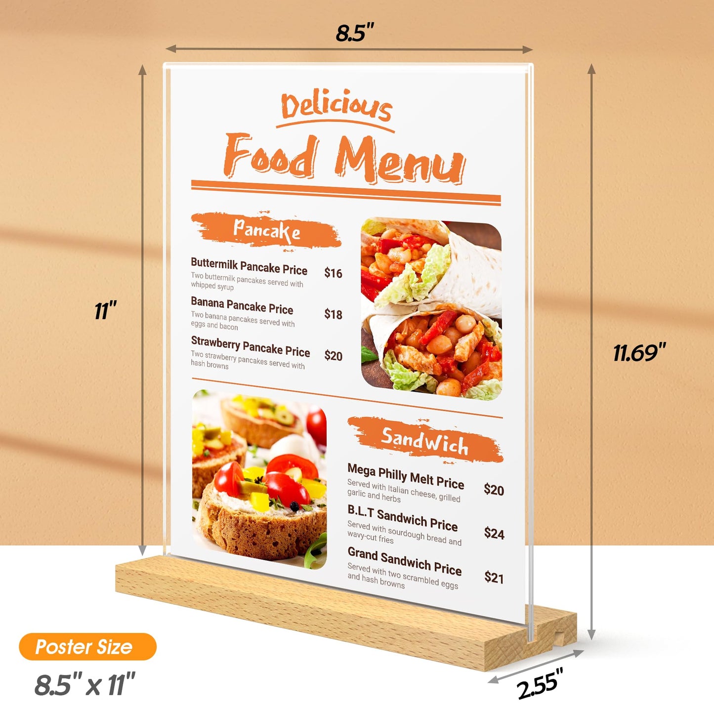 SVOPY 8.5 x 11 Acrylic Sign Holder with Wood Base - Tabletop Display Menu Stand - Clear Plastic L/T Shape Vertical or Slant Back Paper Holders - 6 pack
