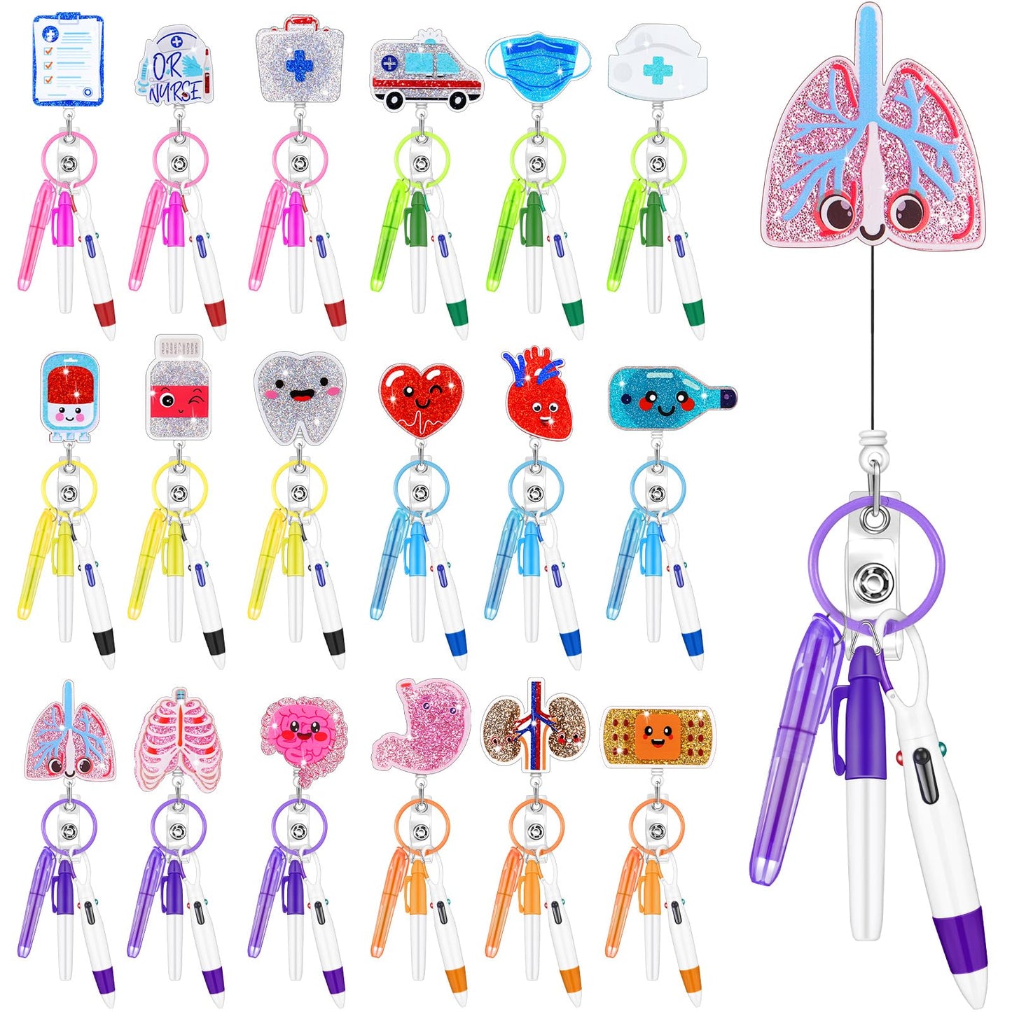 Lincia 90 Pcs Nurse Badge Accessories, Nurse Pen Set Include Retractable Badge Reel Clips, Ballpoint Pens, Markers, Highlighters, Keychains, Medical Staff Appreciation Gifts, 18 Sets(Classic)