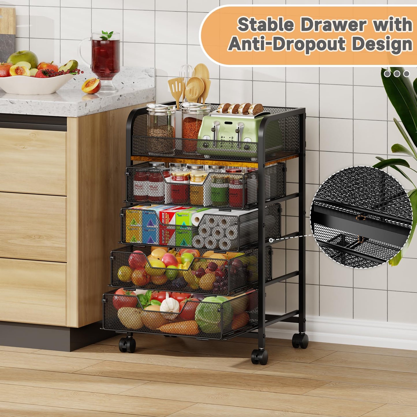 LUMAMU 5-Tier Rolling Kitchen Cart with Drawers - Kitchen Storage Cart on Wheels,Pantry Snack Cart,Fruit and Vegetable Storage Cart with Wood Top,Rolling Utility Cart for Potato and Onion Storage