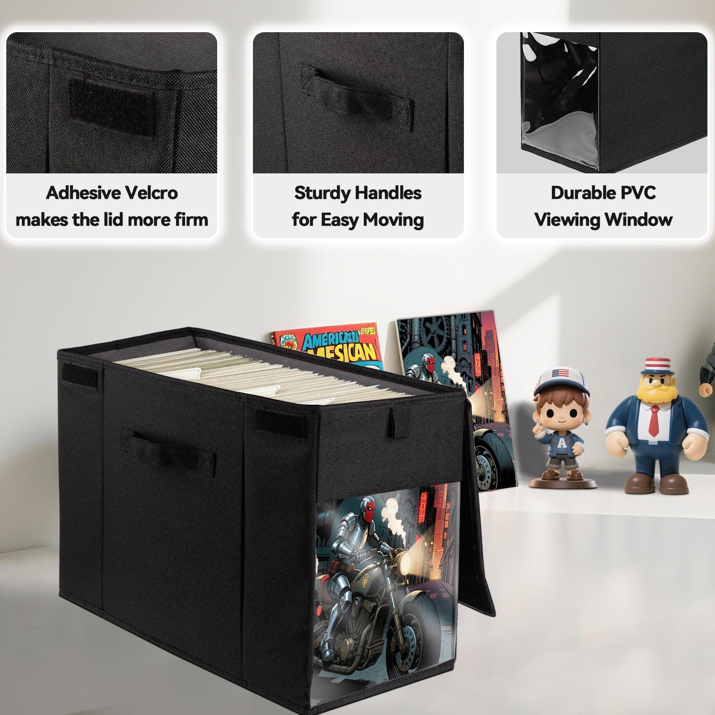 ComfortKeeper 4 Pack Comic Book Storage Box with Lid for Modern Age, Collapsible Magazine Organizer with Clear Window, Heavy Duty Case Container Holder, Black