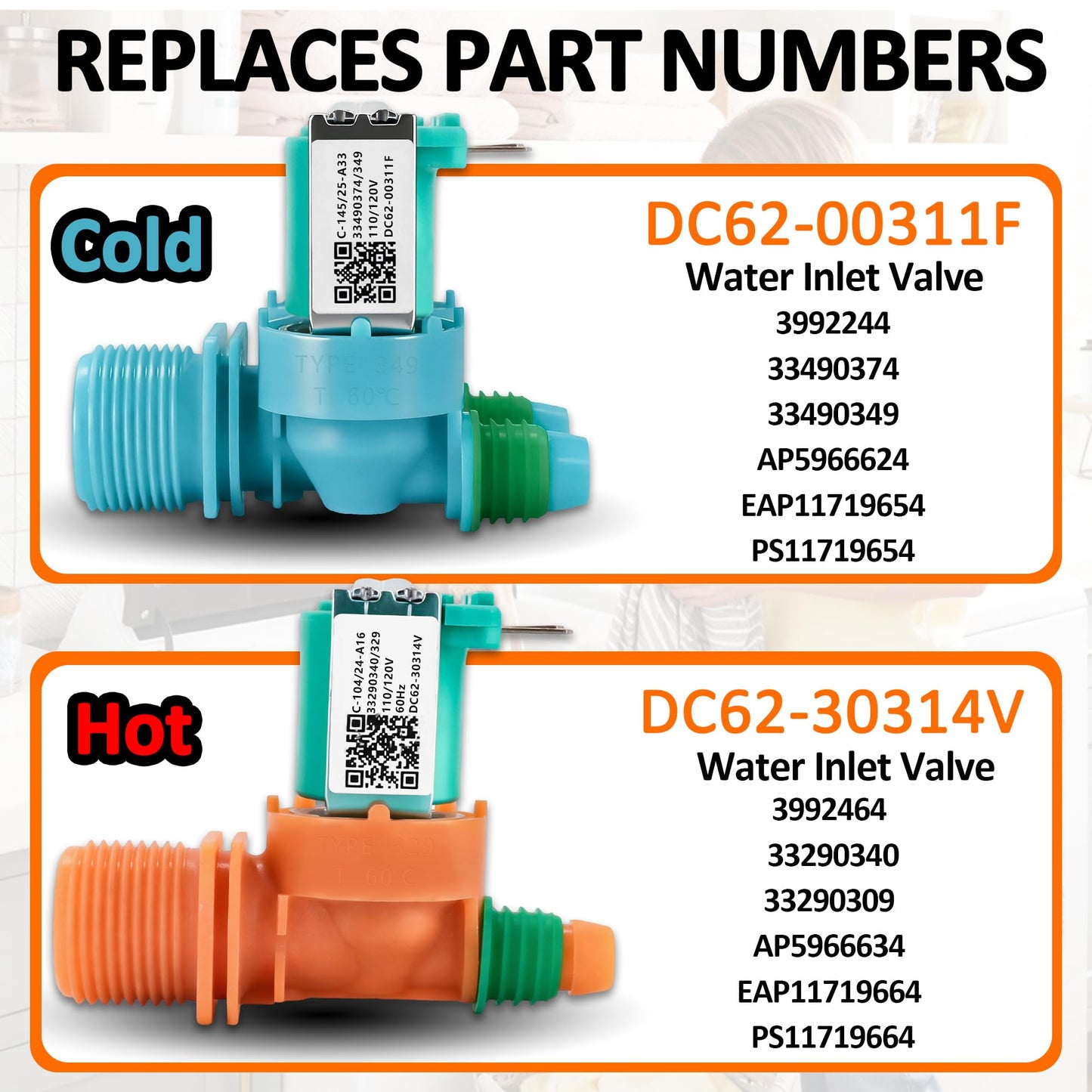DC62-00311F&DC62-30314V Washer Water Inlet Valve set compatible with Sam-sung Washer WA40J3000AW WA45N3050AW WA40J3000AW/AA WA45T3200AW WA45N3050AW/A4 WA40J3000AW/A2 WA40J3000AW/A2-01 WA41A3000AW/A4