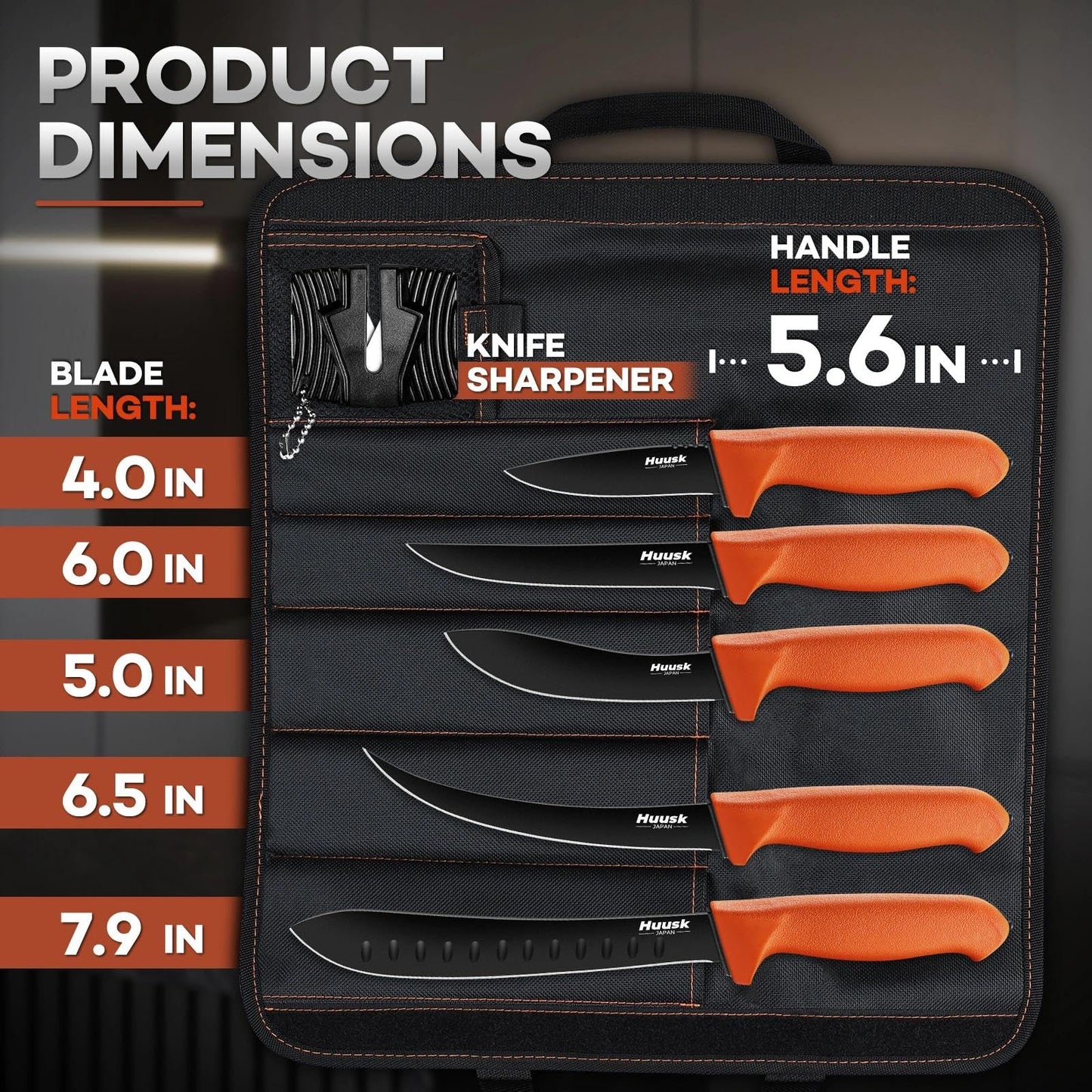 Huusk 5pcs Butcher Knife Set - Professional Meat Processing Kit with Non-Slip Orange Handle, German Stainless Steel Granton Butcher, Skinning, Curved Boning, Caping Knife with Roll Bag Gift for Men