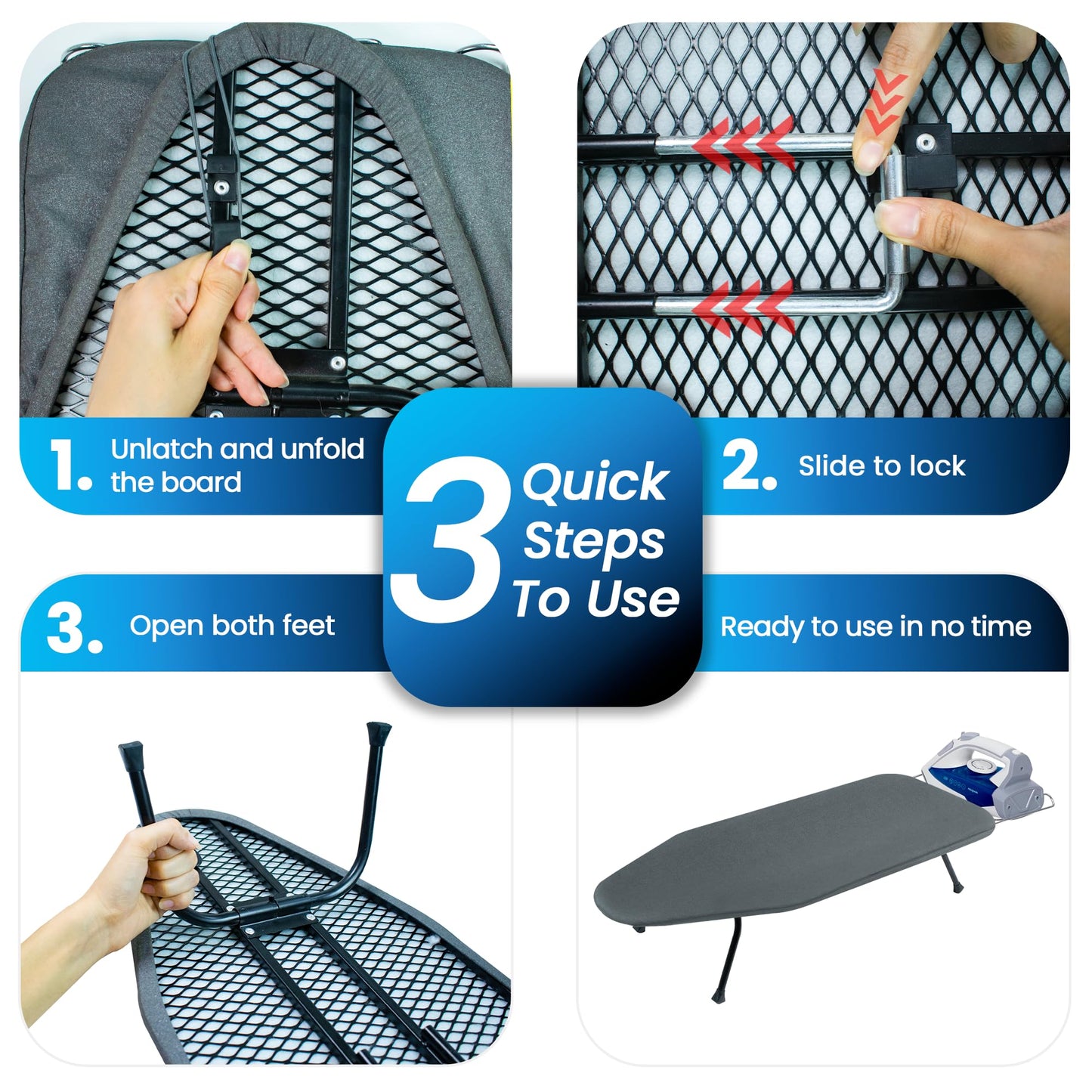 OXZOR Metal Mesh Panel Tabletop Ironing Board | Foldable Iron Board | Heavy Duty Small Iron Board with Heat Resistant Cover and 100% Cotton 8mm Thicken Pad (Grey)