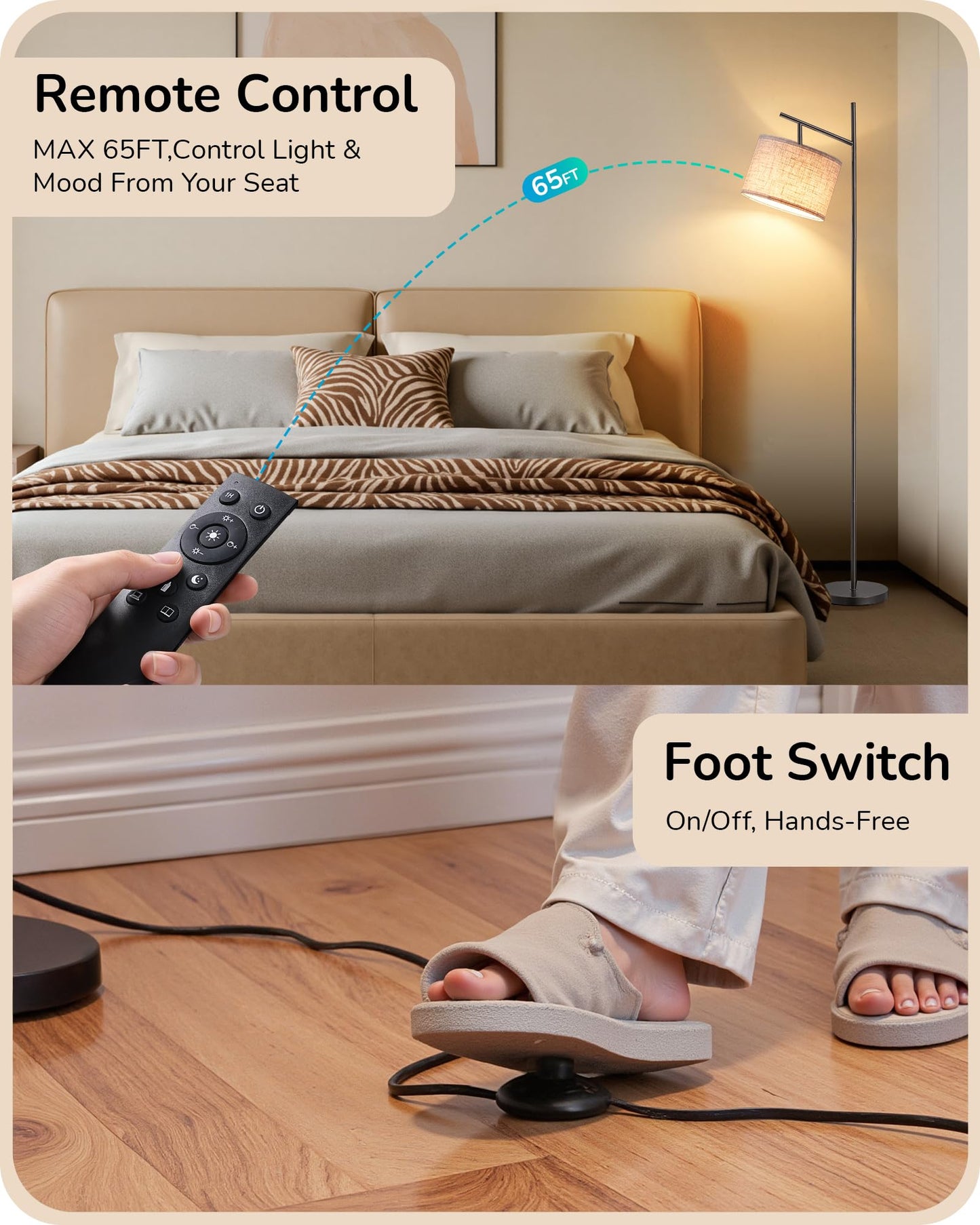 EDISHINE 64.7IN Floor Lamp for Living Room with Remote, Modern Tall Standing Lamp, Dimmable & 5CCT, Foot Pedal Switch, Minimalist for Bedroom, Bulb Included, Black