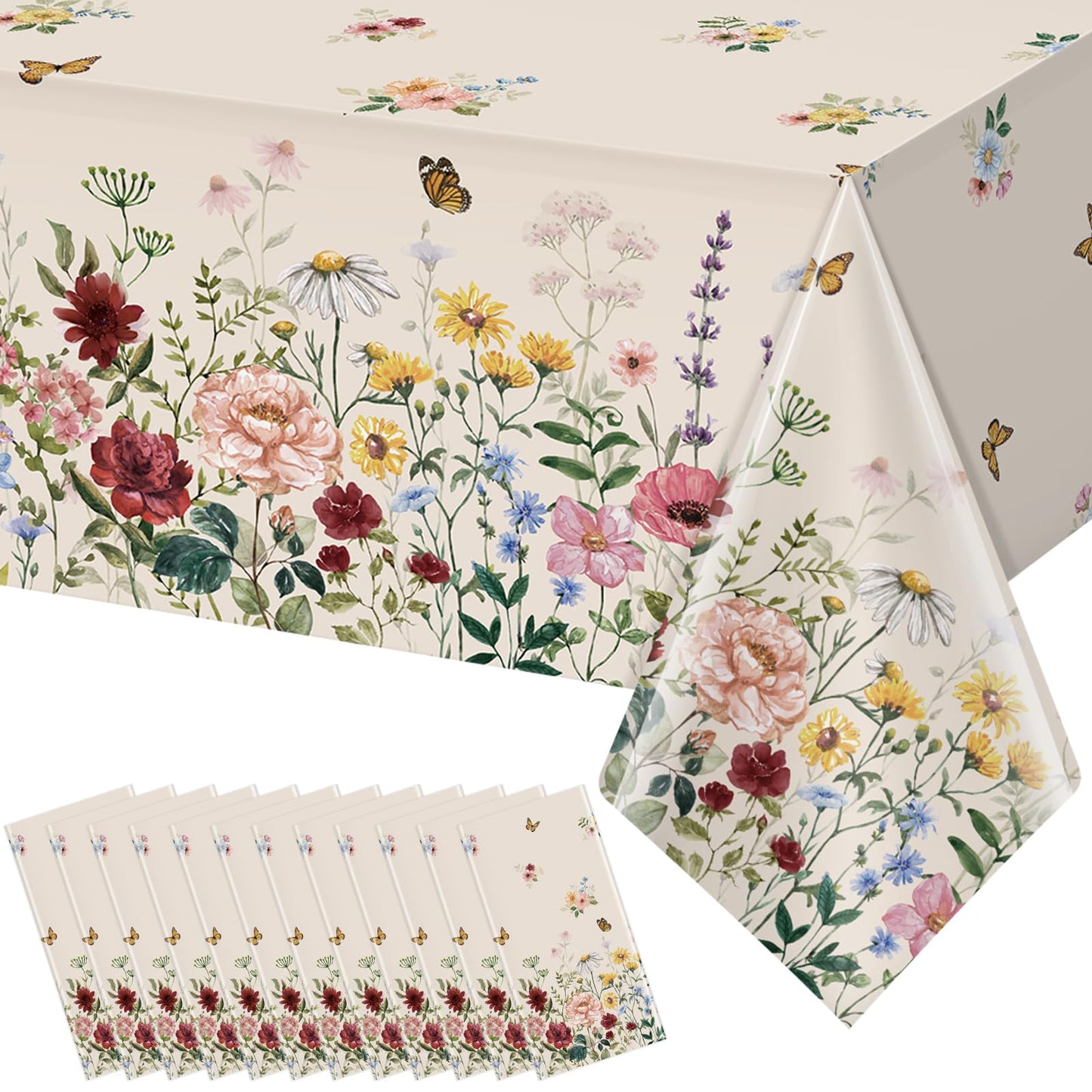 12 Pcs Spring Floral Tablecloth, Butterfly Wildflower Plastic Disposable Tablecloth Rectangle Table Covers for Easter, Birthday, Wedding, Mothers Day Tea Party Supplies and Decorations,54 x 108 Inch