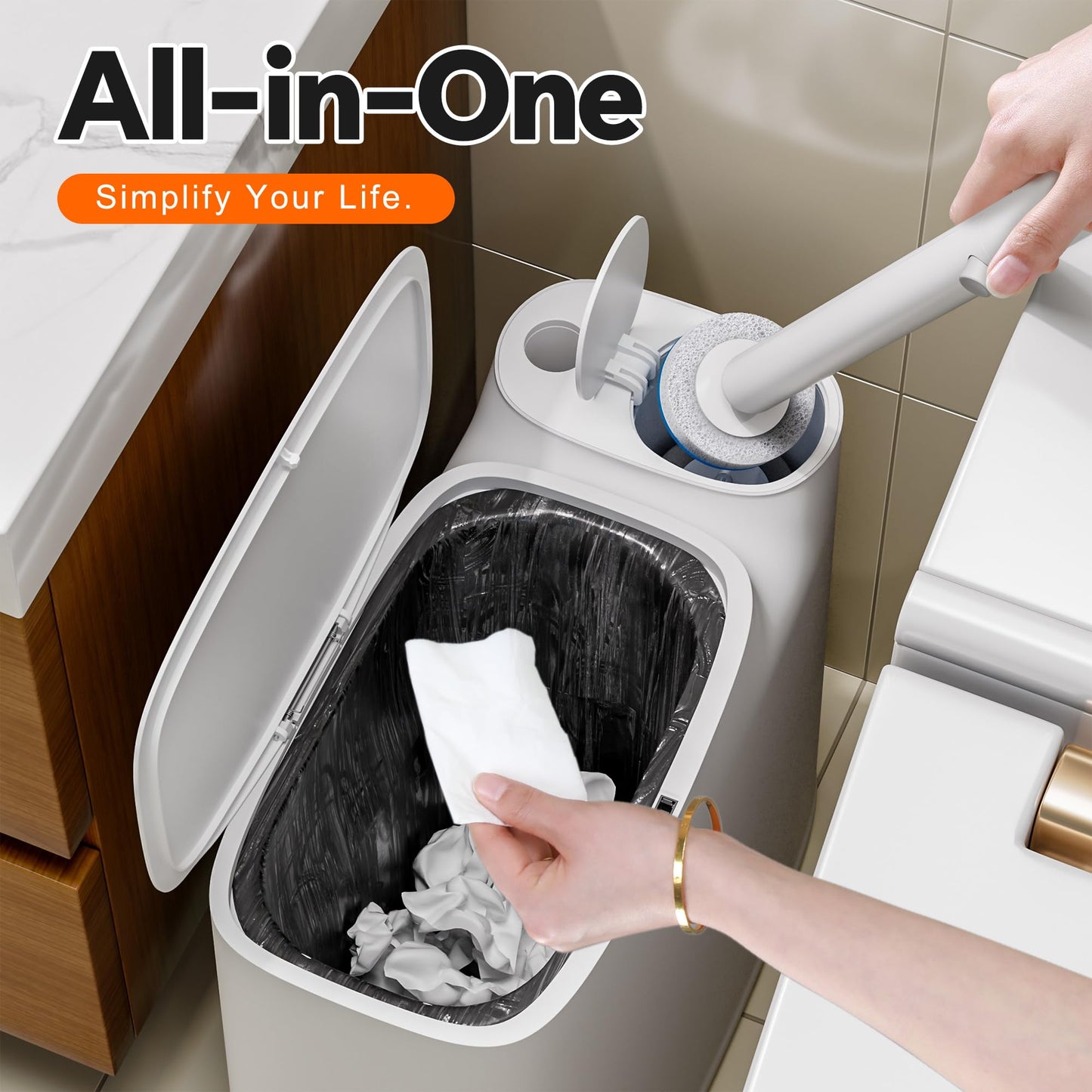 POPMOP White Plastic Mini Trash Can, Toilet Cleaner Stick, Toilet Brush Holder, 36 Refills, 2-Gallon Trash Can with Pop-Out Lid, Suitable for Bathrooms and Small Toilets.